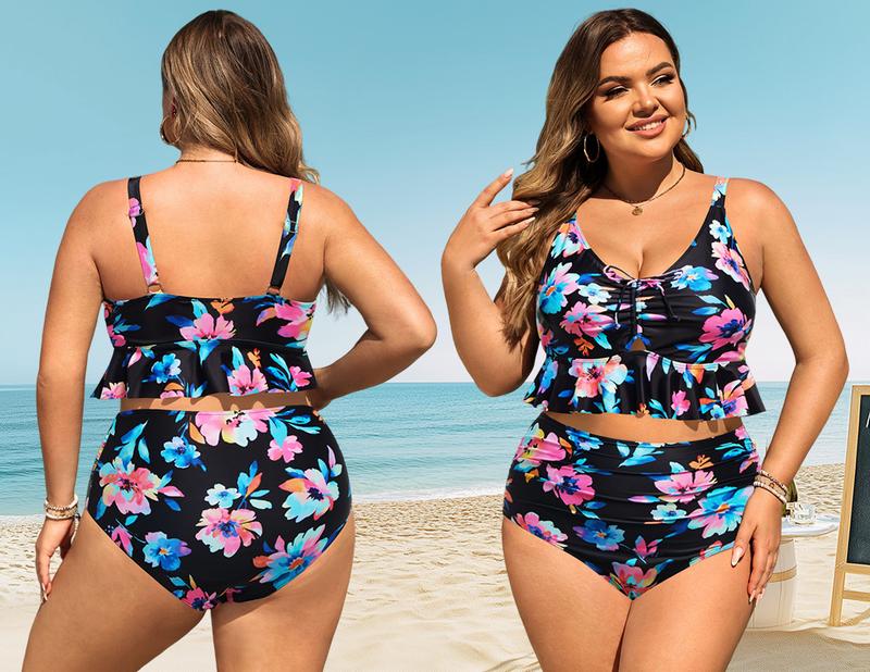 Daci Women Plus Size High Waisted Bikini Set Ruffle Flounce Two Piece Swimsuits Tummy Control Bathing Suits