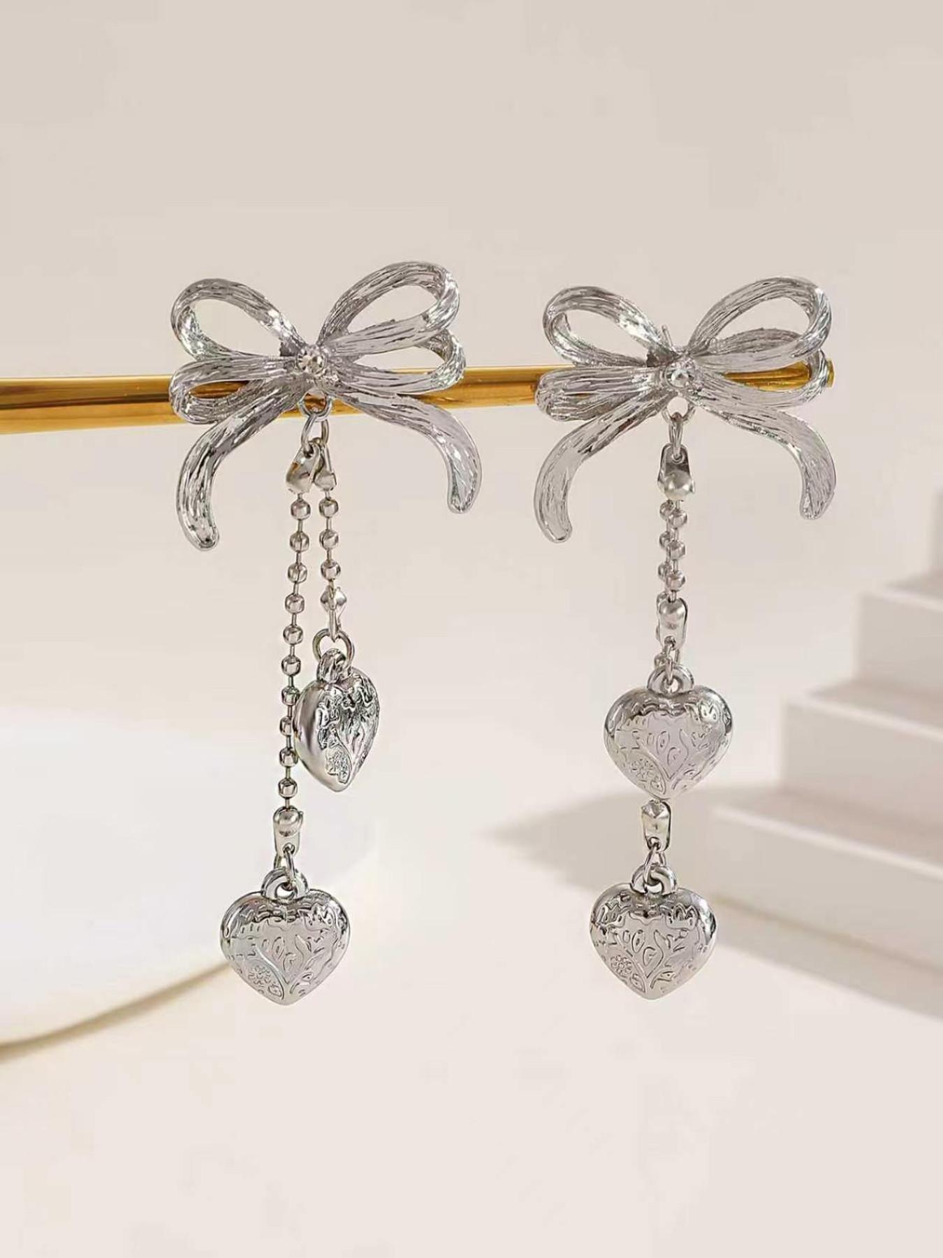 Elegant Butterfly Knot Drop Earrings, Heart Pendant, Star Moon Design, Classic Women's Jewelry, Perfect for All Seasons, Ideal for Holidays