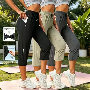 3PC Comfortable and loose-fitting women's ice silk cropped pants, made of breathable and high-elastic summer fabric, with adjustable waist via drawstring and zippered storage pockets, suitable for exercise, fitness, and home leisure