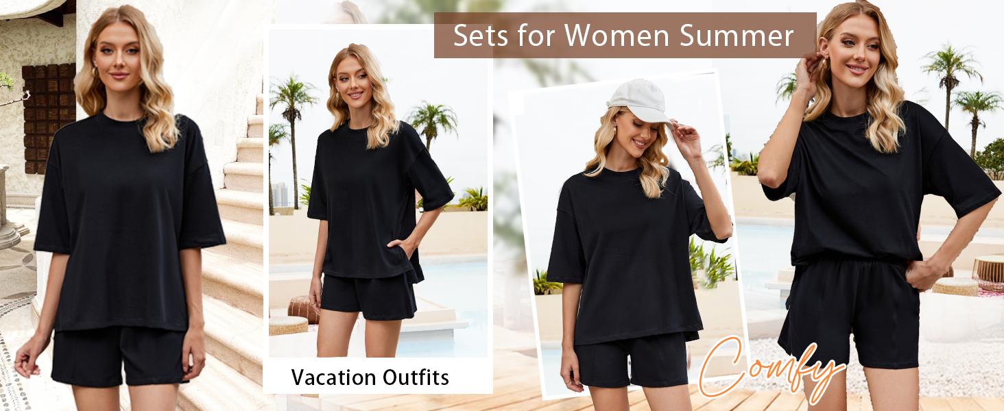 COCCKO 2026 Womens Shorts Sets 2 Piece Outfits Summer Half Sleeve Crew Neck Lounge Sets Matching Clothing