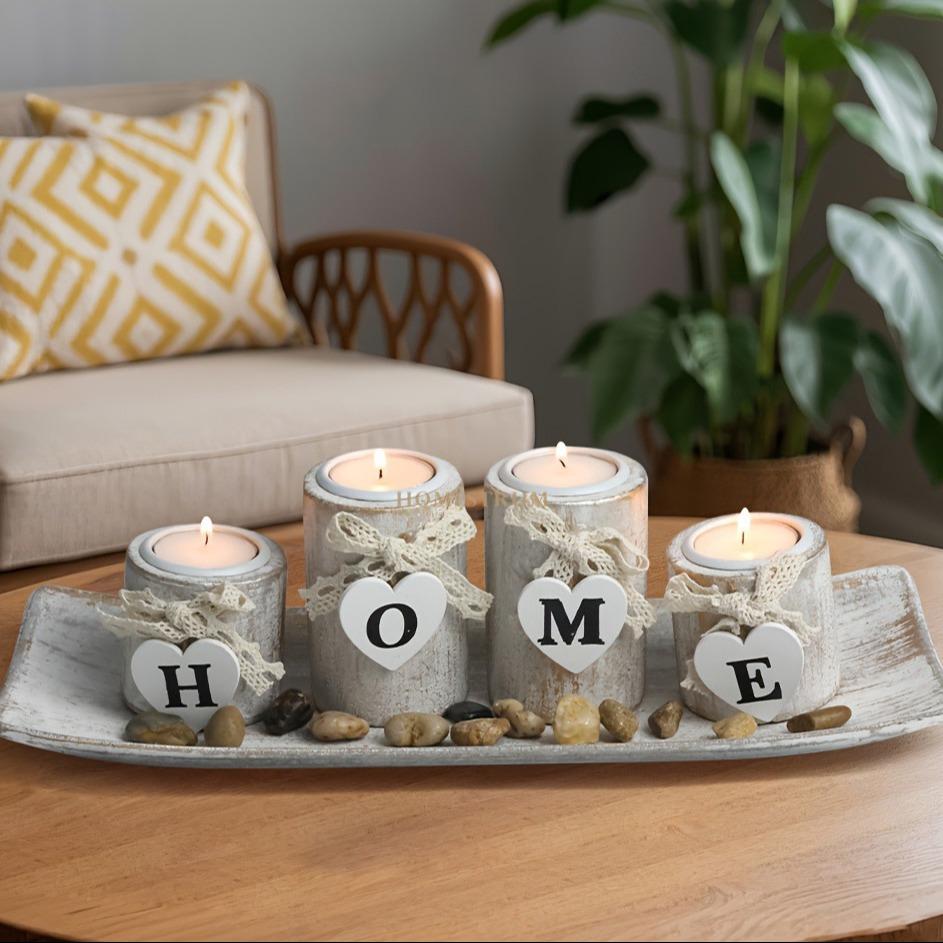 Wooden Candle Holders Centerpieces for Living Room Coffee Table Decorations | Wooden Candles Holders with Wood Tray,Candlesticks for Home Decoration Fireplace Farmhouse Table Kitchen Decor