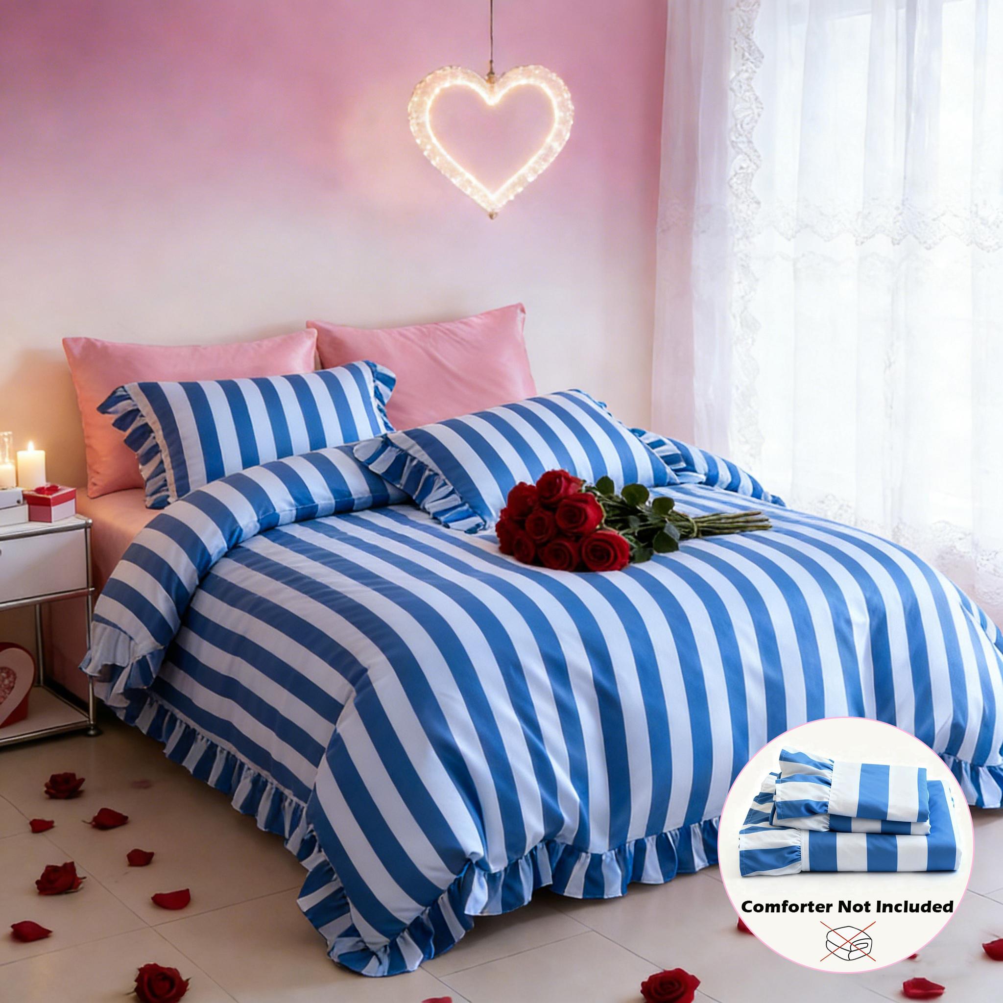 Striped Print Ruffled Soft Bedding Set, Includes 1 Duvet Cover + 2 Pillowcases, Inserts Not Included Stylish Cozy Bedding for Couple Bedroom, Ideal Valentine's Day Gift