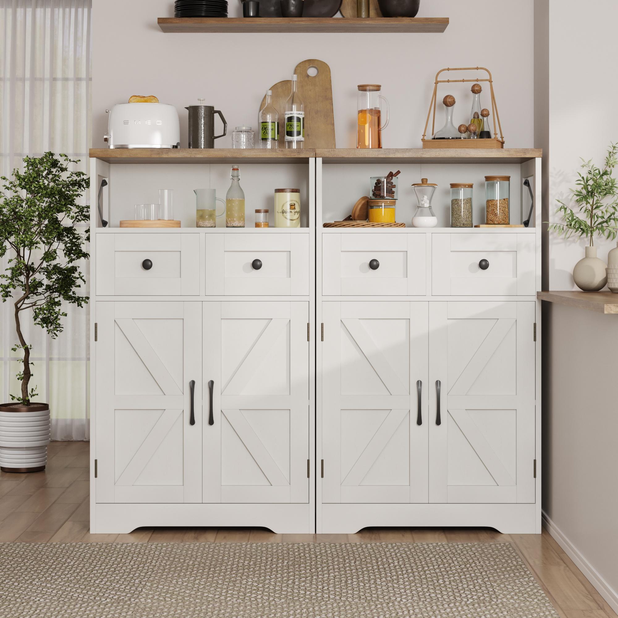 Vabches Farmhouse White Storage Cabinet with Doors and Drawers, Freestanding Kitchen Pantry Cabinet, Floor Storage Cabinet Hutch Cupboard for Kitchen/Laundry/Living Room/Bedroom