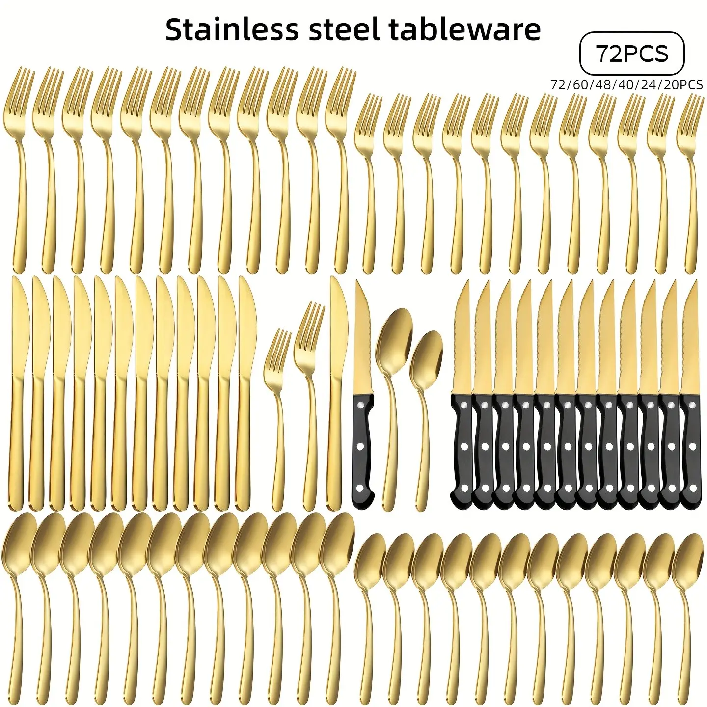 72pcs Stainless Steel Golden Utensil Set for 12, Includes Knife Fork Spoon Steak Knife, Household Restaurant Hotel Flatware, Dishwasher Safe