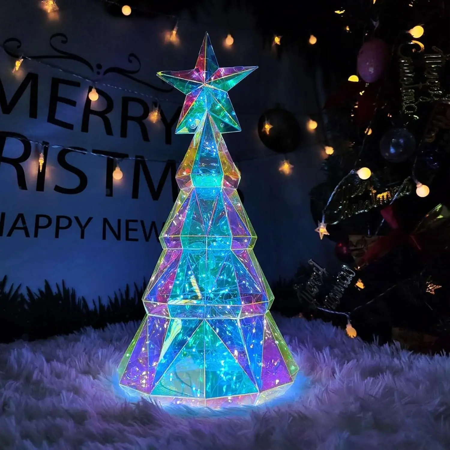 Christmas Tree is Made of Unique PET and Rainbow Film Materials, Featuring Magical 3D Prisms and Colorful Refraction Effects. Ideal Decoration for Christmas, Thanksgiving, and Other Holidays