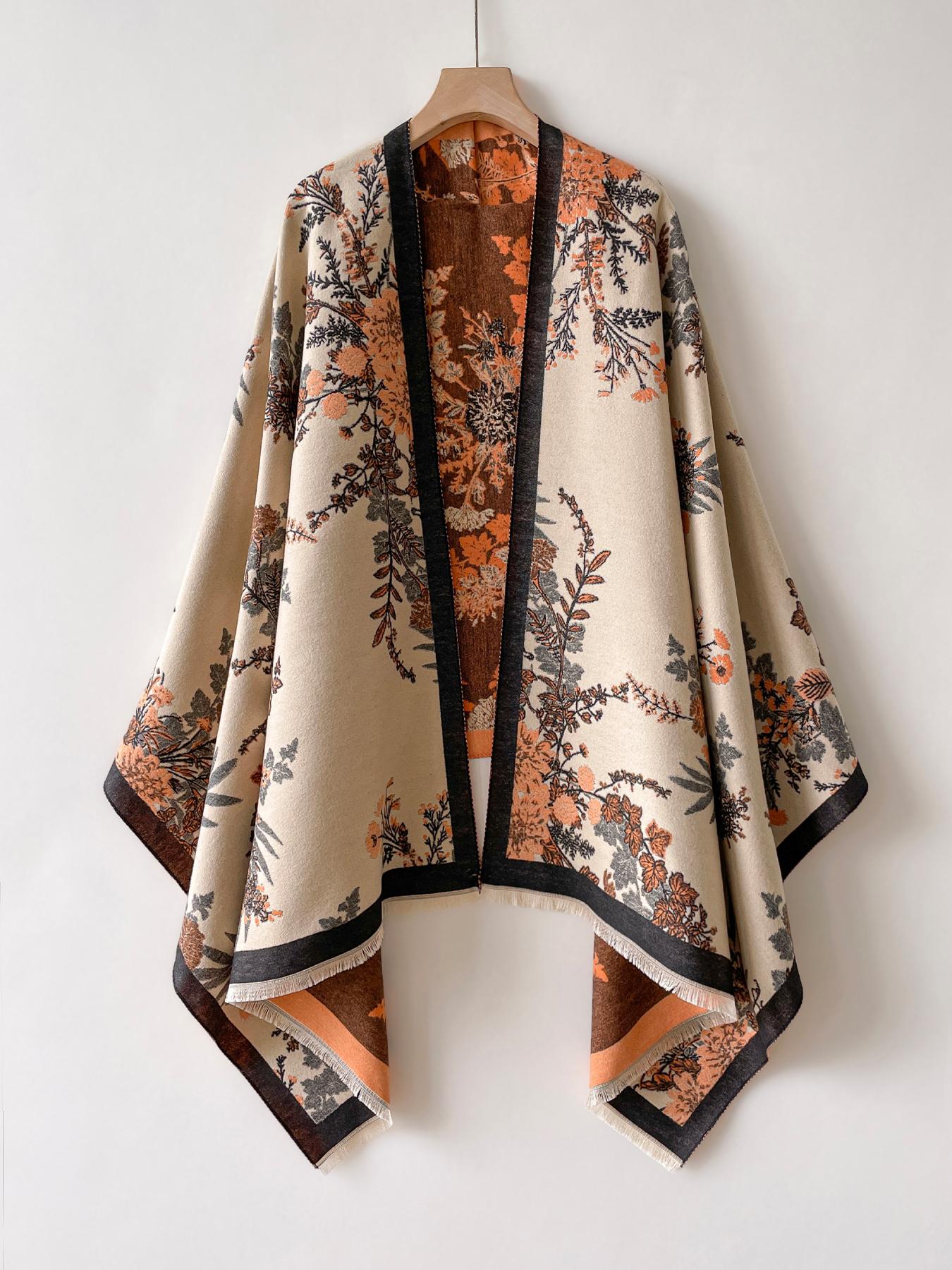 Women's Floral Print Shawl, Soft Warm Woven Fabric, Soft Texture, Casual Fitted Design, Perfect for Fall & Winter, Modern Fashion Accessory