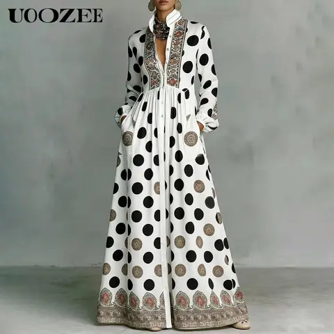 UOOZEE Women's New 2026 Polka Dot 100% Polyester Big Hemline Puff Sleeves Stand Collar Pockets Maxi Dress, Tribal Print Long Sleeve Button-Front Dress, Vacation Shirt  Dress, Tall Length (Ladies with C - Cup and Above Need To Order Two Size Up)