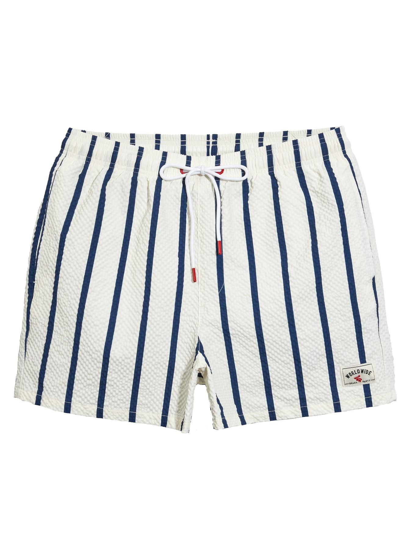 Men's Two-In-One Beach Shorts, Bubble Mesh Fabric, Classic Striped Swim Trunks, Casual Drawstring Waist, Short Length, Natural Waist