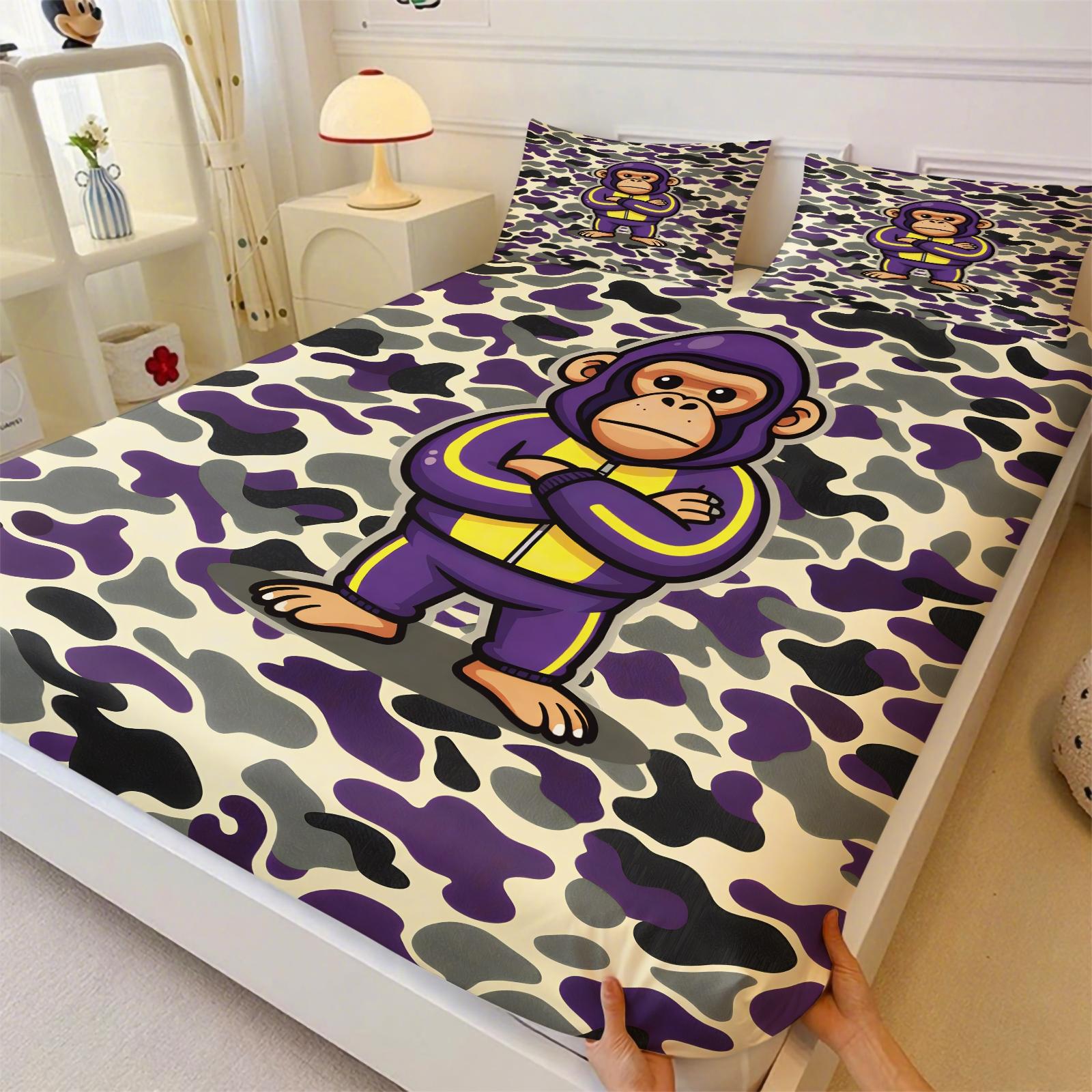 Black-White Camouflage Fitted Sheet Set & 2 Pillowcases No Core, Low-Saturation Camo & Iconic Ape Head Logo, Soft Anti-Slip Wrinkle Resistant, Industrial Hip Hop Style Bedroom Decor, Gift for Fans