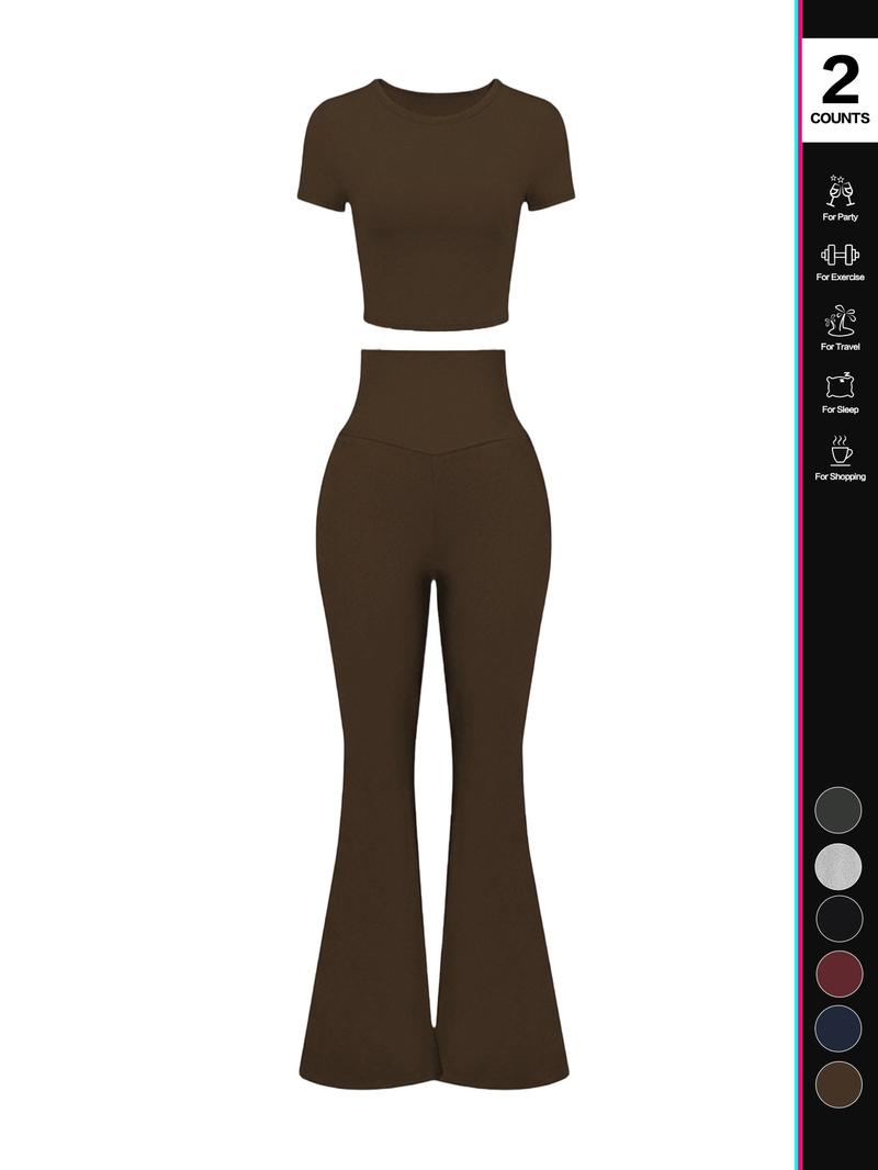 Women's Solid Loungewear Set, Casual Short Sleeve Crop Top & High Waist Flare Leg Pants, Ladies Sleepwear for All Seasons, Pajama Set