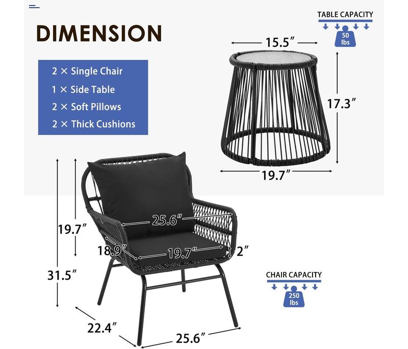 Patio Conversation Bistro Set, Outdoor All-Weather Wicker balcony Furniture with Tempered Glass Top Table Wide Ergonomic Armchairs, Seat Cushions for Porch, Backyard