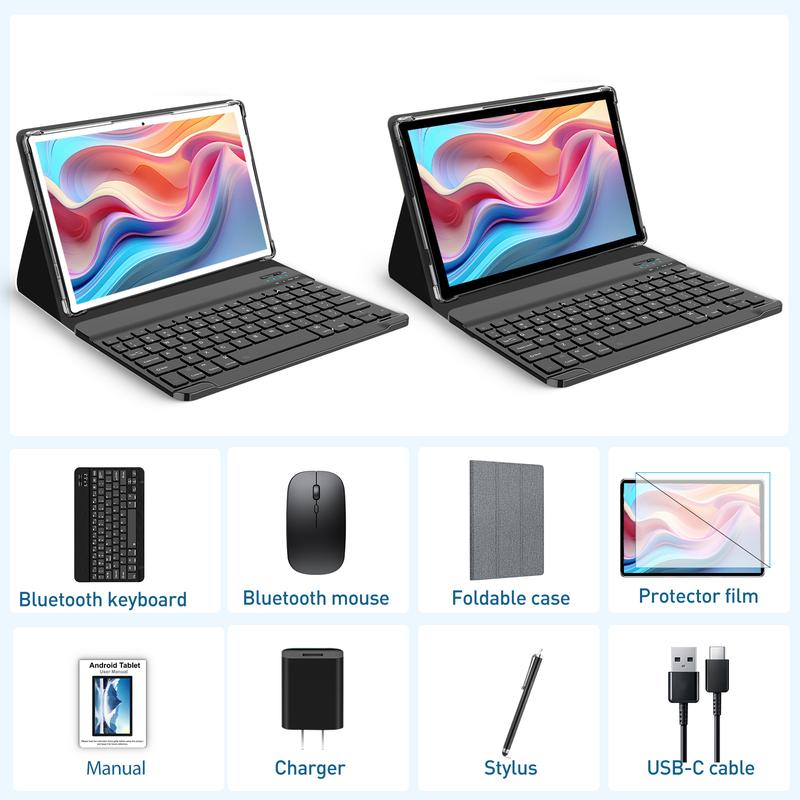 Android 14 Tablet 8GB RAM 128GB ROM, 10.1in 5G Wifi Tablet with Keyboard Case, 8 Core, 1TB Expand, 13MP+5MP, GPS Black Friday Deal/ Christmas gift/ tablet on sale 2025 Tablet deal