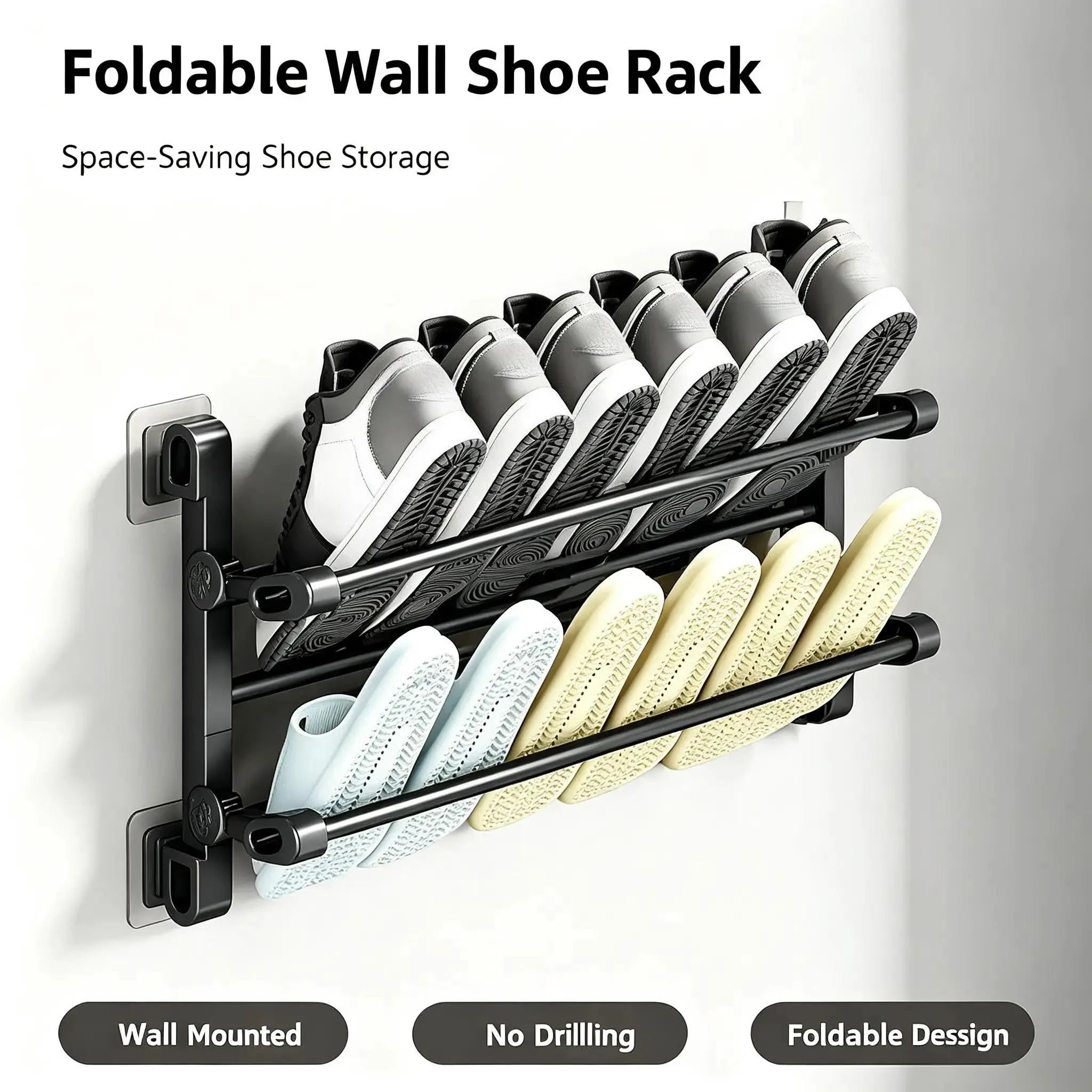 Foldable Wall Mounted Shoe Rack Space Saving Shoe Storage Hanging Slipper Holder Compact Organizer No Drilling Entryway Bathroom RV Door