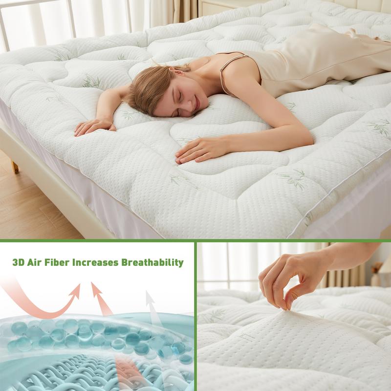 OBOEY Bamboo Mattress Topper, Waterproof Mattress Protector, 1000 GSM Quilted Fitted Mattress Pad with 1 Pillow Protector & Sleep Mask, Side Pocket, Breathable Fluffy Soft Mattress Topper with 8"-21" Deep Pocket