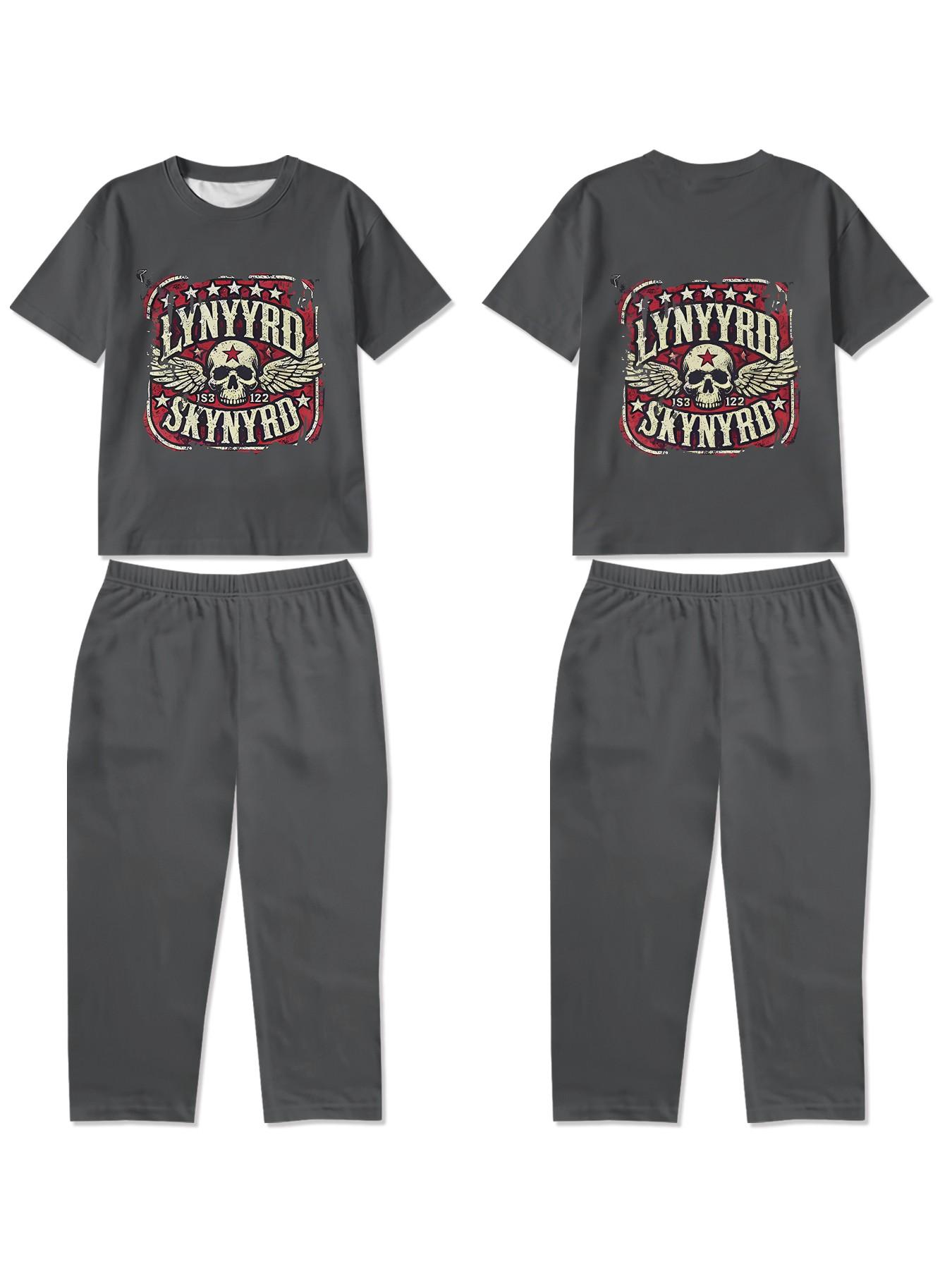 Vintage Skull Wings Homewear 2-Piece Set for Girls, Digital Printed Short-Sleeve Pajamas with Extended Sleep Pants, Flame-Retardant Fabric. Stylish, Trendy, Casual, Comfortable and Soft Pajama Set, Suitable for Sleeping and Home Leisure. Made of 100% Poly