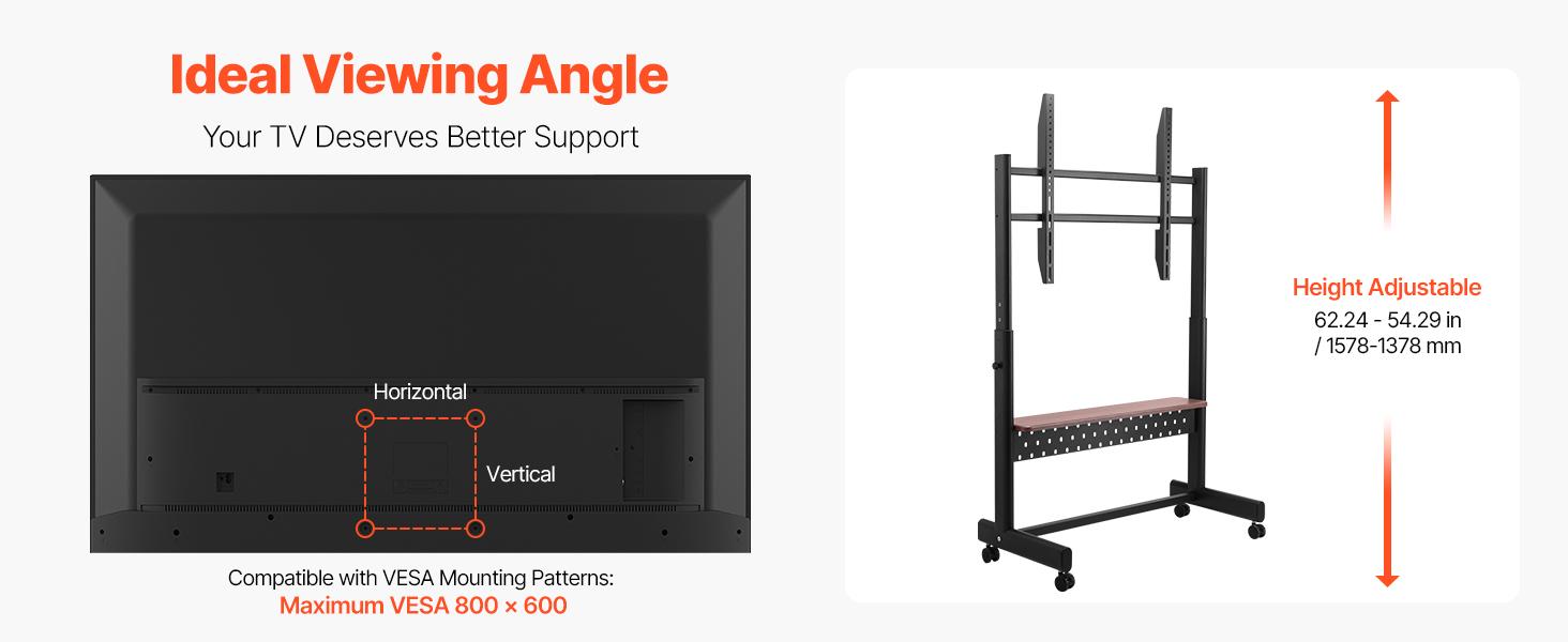 VEVOR Rolling TV Stand, Mobile TV Cart for 55-100 Inch Screens, Height Adjustable Portable Monitor Stand with Tray, Holds up to 205 lbs for Living Room, Bedroom, Office, Outdoor Max VESA 800x 600 mm