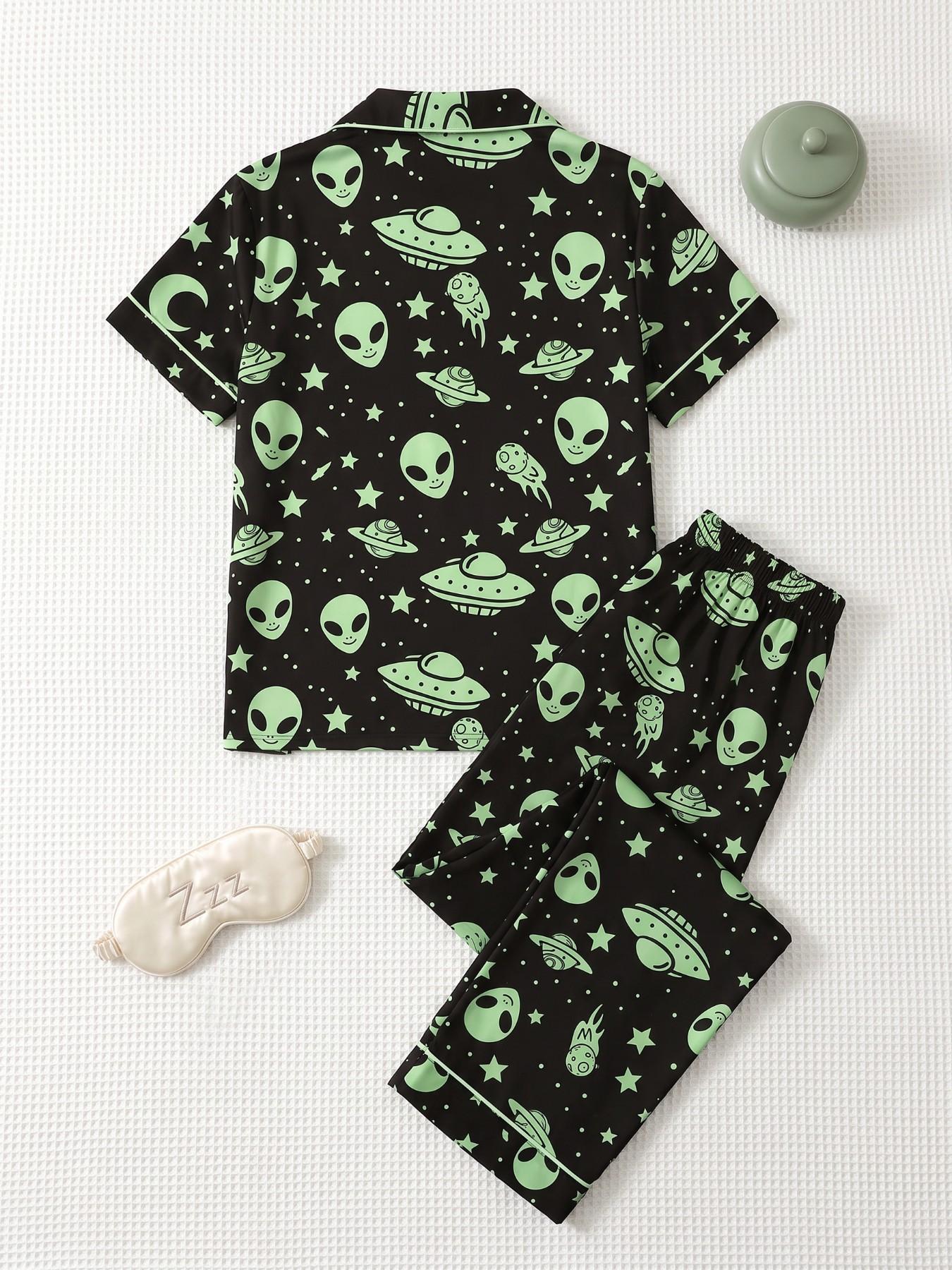 Alien Ufo Print Pajama Set, Short Sleeve Ankle-Length Sleepwear, Soft Breathable Casual Home, Women's 2-Piece Set
