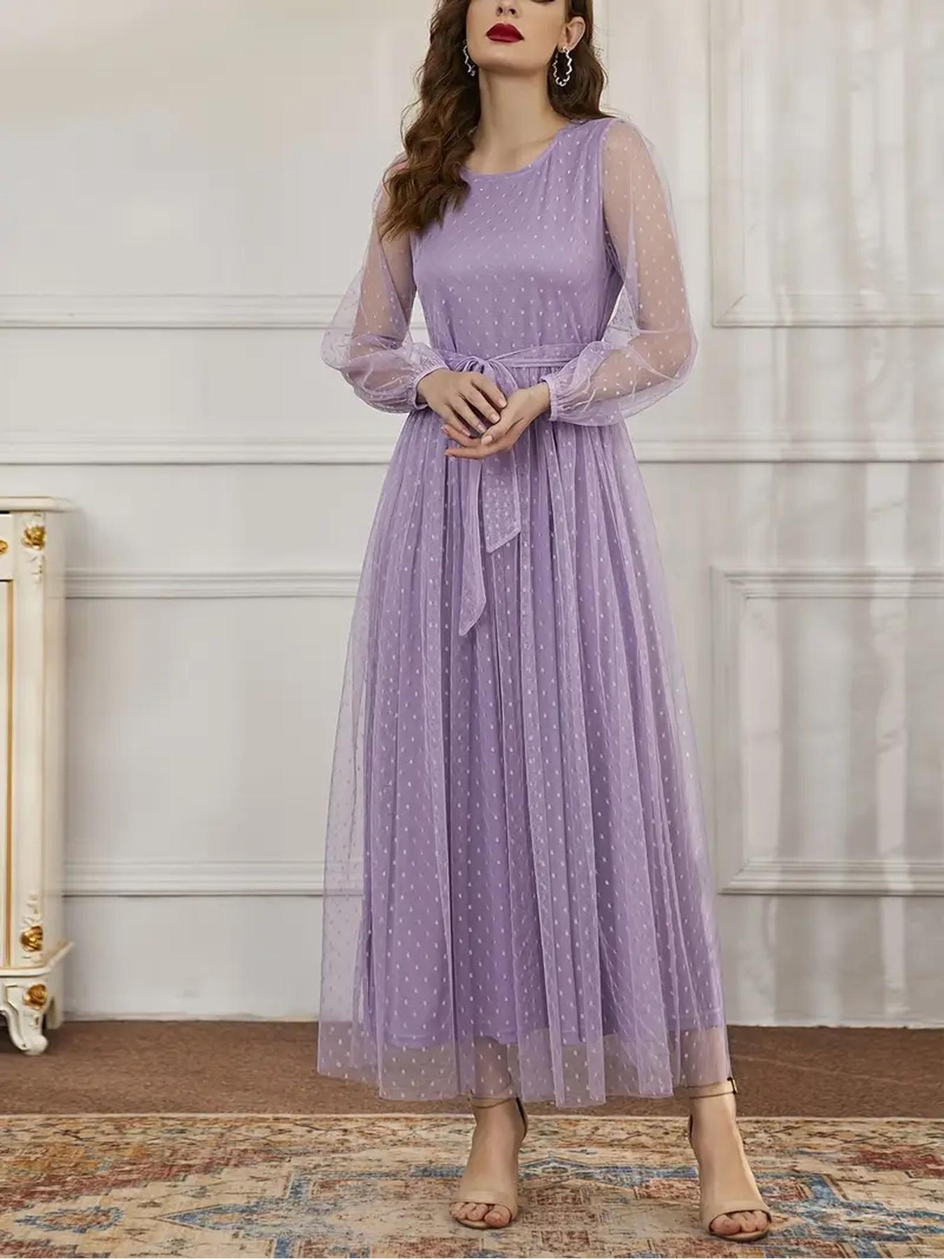 Mesh Maxi Dress for Women, Long Sleeve, Sheer, Lightweight, Fairy & Soft Vibe, Polka Dot Print, Flowy Skirt, Elegant Loose-Fitting Formal Evening Dress, Perfect for Wedding, Prom, Brunch