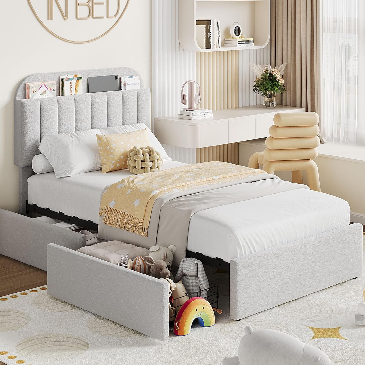 Twin Size Bed Frame with 2 Flexible Drawers, Boucle Upholstered Platform Bed Frame with Bookcase Headboard, Bedframe for Kids/Girls, Easy Assembly, No Box Spring Needed, Noise Free