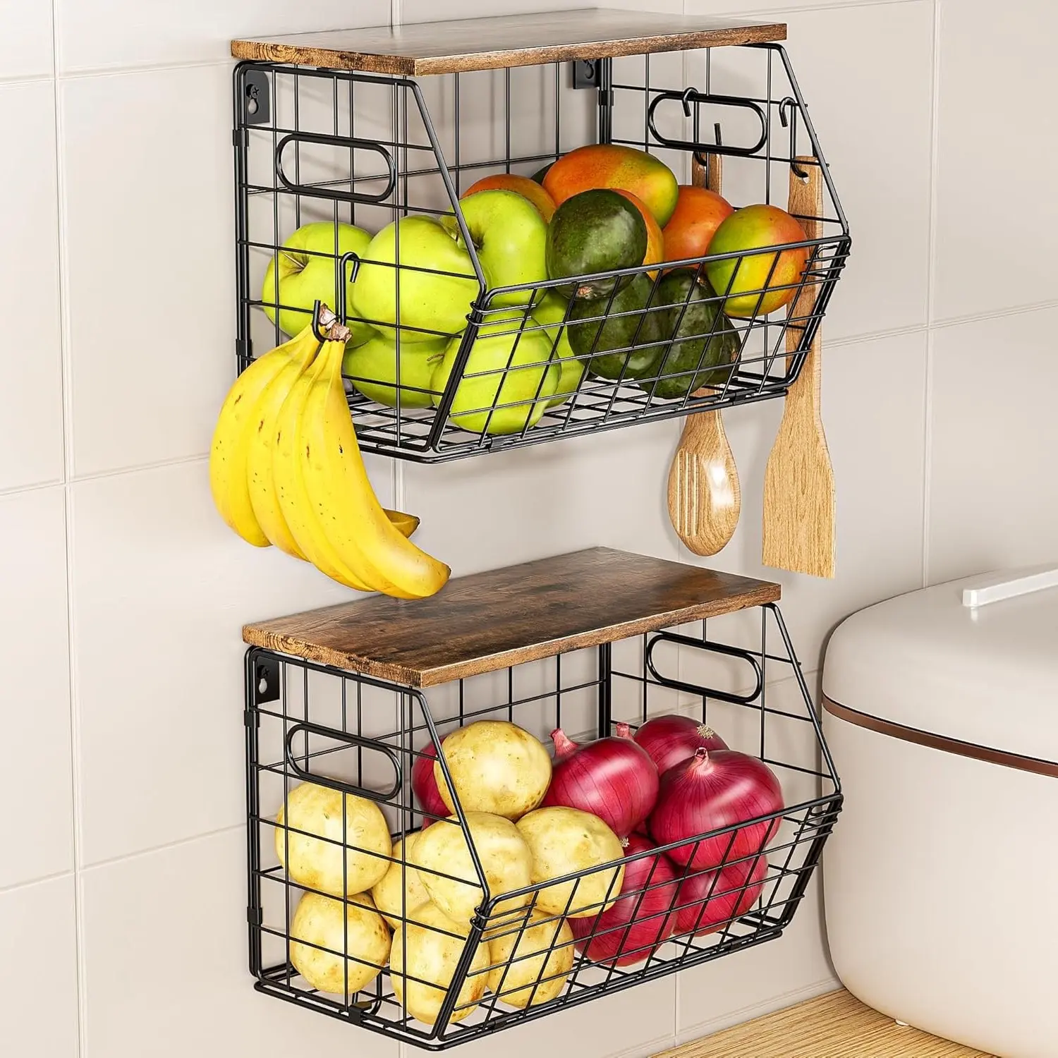 2 Pack Stackable Metal Fruit Baskets with Wood Lid, Hanging Wall Organizer for Kitchen Counter, Pantry Storage for Onions, Potatoes, Garlic, Fruits, Spices, BlackGift