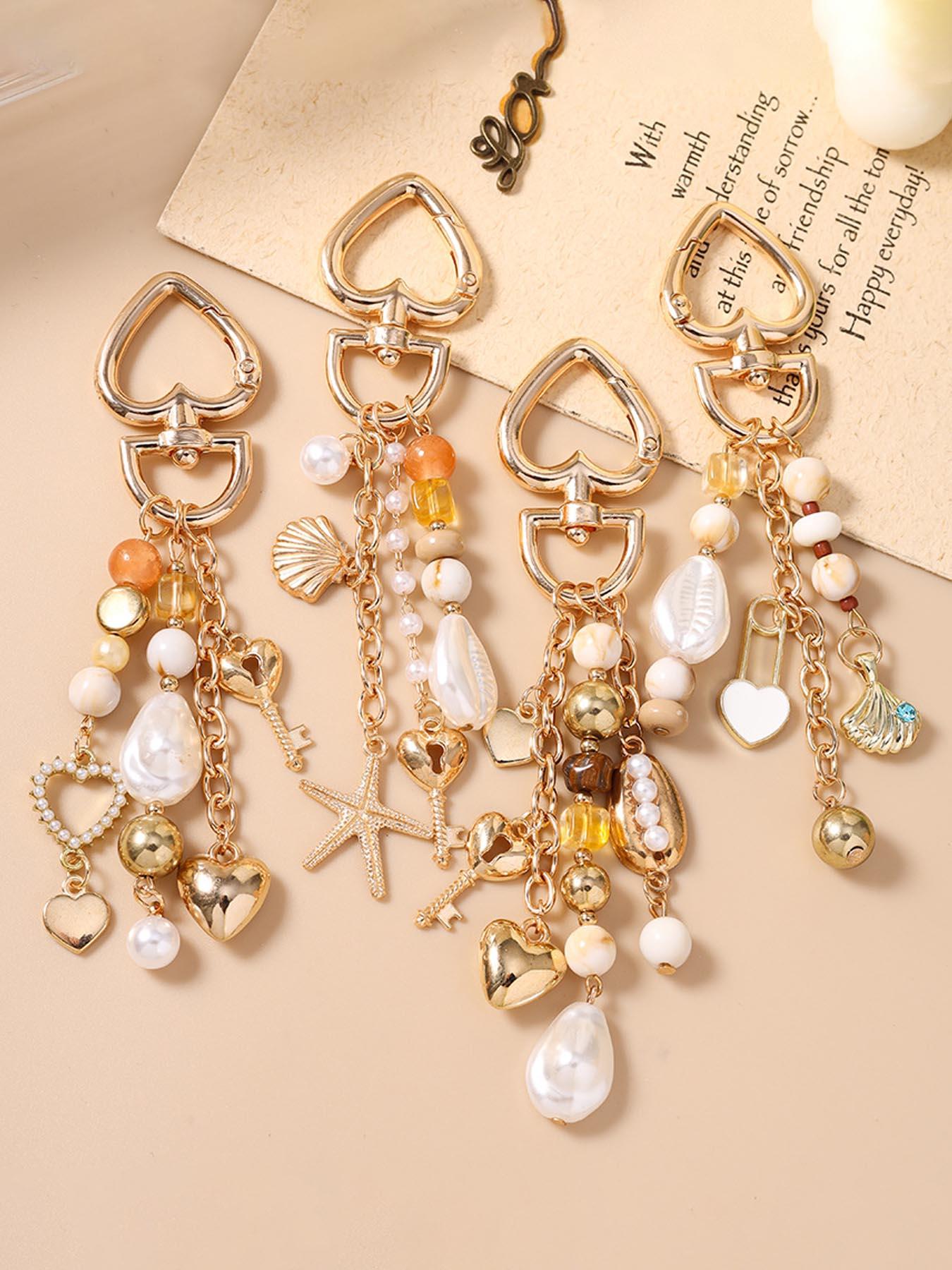 Boho Pearl Shell Keychain, Baroque Heart Key Ring, Starfish Ocean Theme, Boho Bag Charm, Unique Fashion Accessory