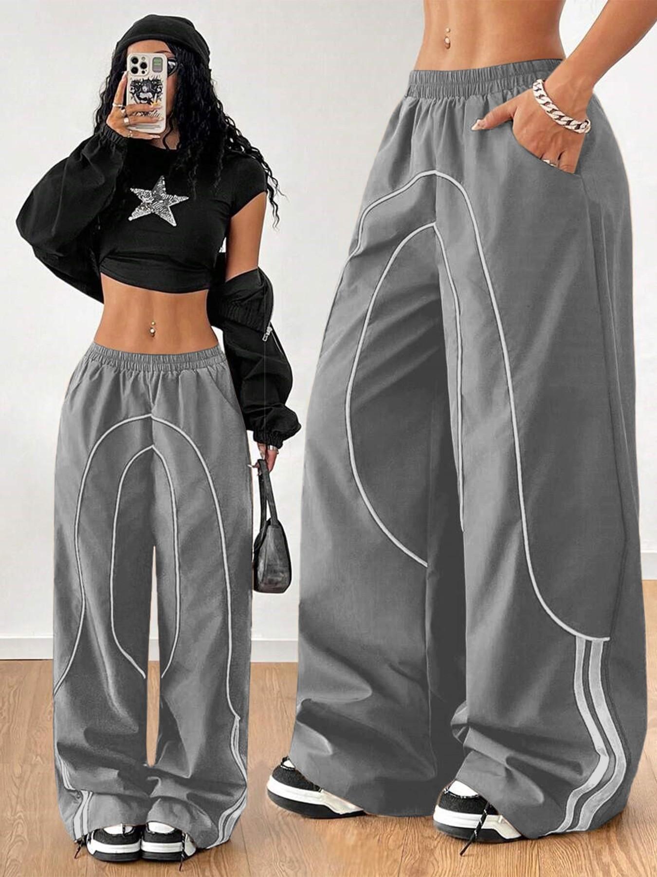 Fashionable American High Street Style Patchwork Design Sporty Women's Long Pants, Loose-Fitting Drop Waist, Elastic Waist, All Seasons