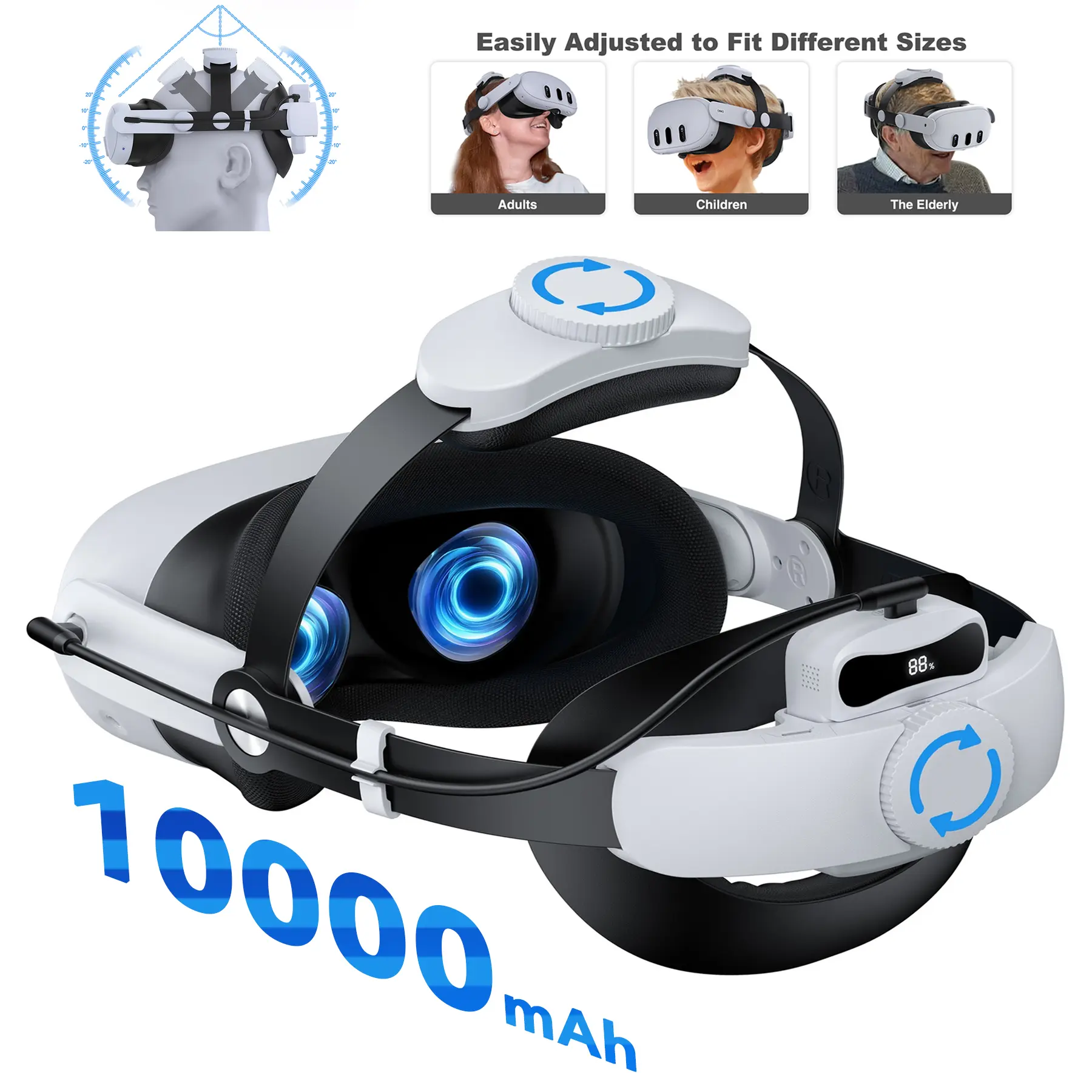 Upgraded Adjustable VR Headset Strap for Meta Quest 2/3/3S, 10000mAh Hot-Swap USB Battery Pack, Double Knobs, 2 Large Cotton Pads, Enhanced Support, Pressure Reduction, Extended Play