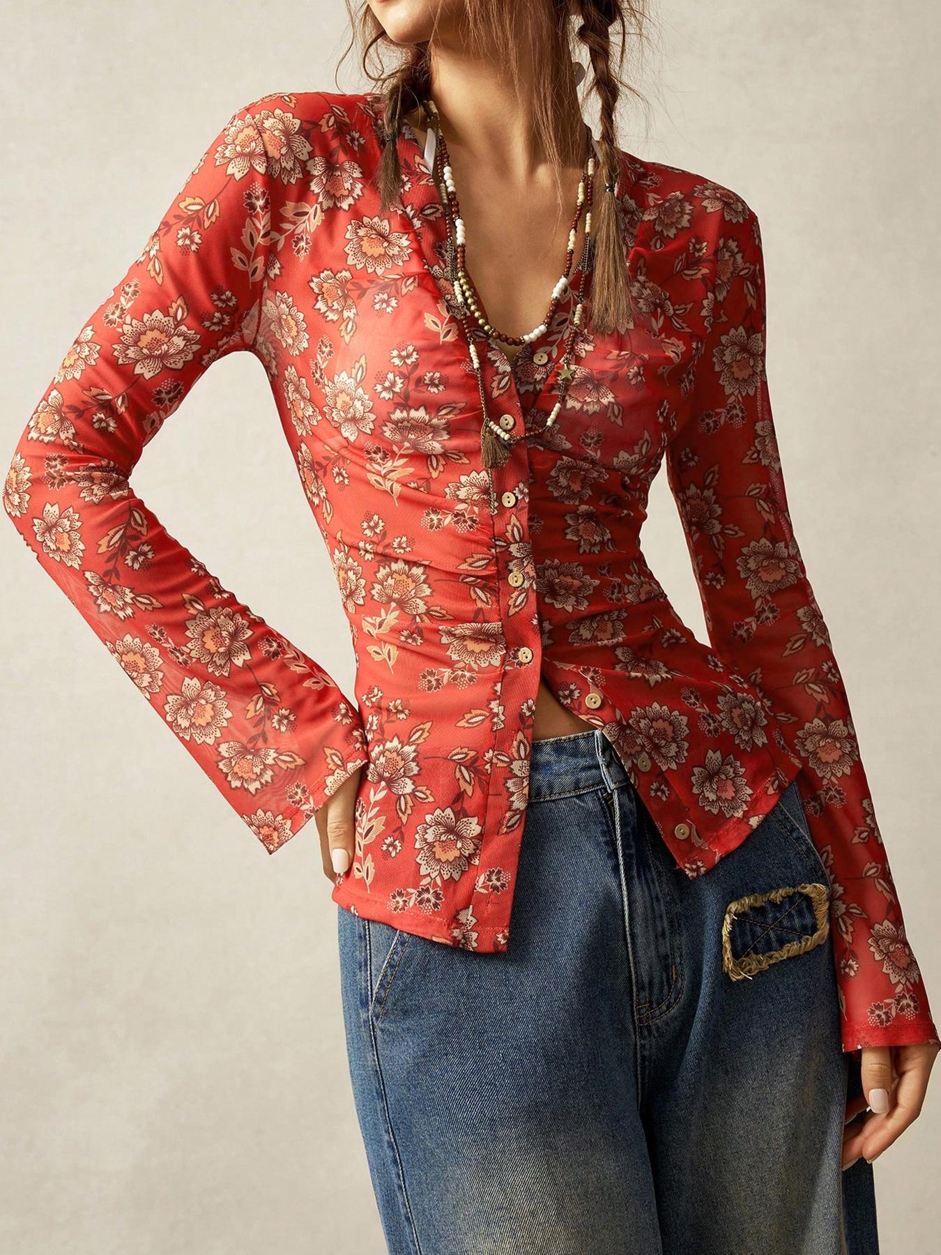 Boho Vintage V-Neck Flared Sleeve Blouse For Women Bohemian Style Vacation, Simple Fashion Casual Everyday Wear Boho Tops