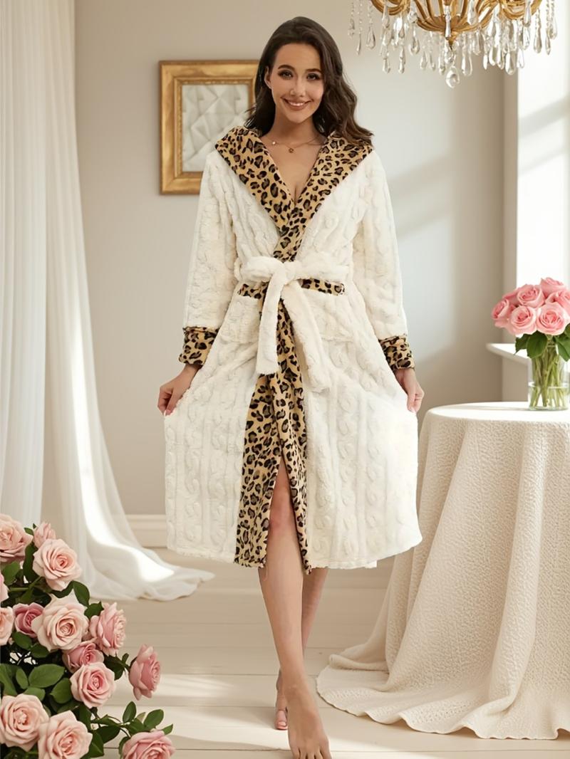 Women's Leopard Print Thermal Lined Bathrobe, Casual Soft Comfortable Long Sleeve Belted Robe, Women's Sleepwear for Fall & Winter