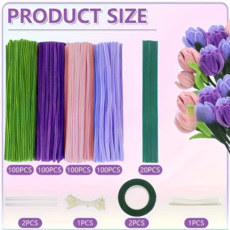 DIY Craft Kit, 400 Pieces Pipe Cleaners, 4 Colors, Chenille Stems, Floral Making Supplies, Includes String, Tape, Buds & Ribbons