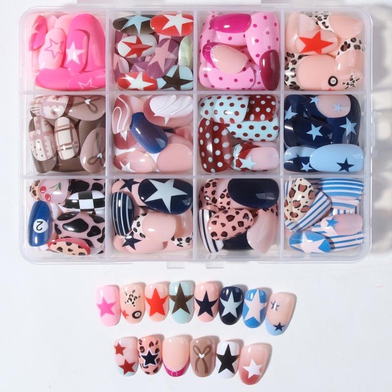 288pcs Acrylic Nail Tips Set, Stylish Acrylic Nails, Short Oval Star Leopard Bow Stripe Cartoon Dot French Design, Reusable Fake Nails for Women Girls