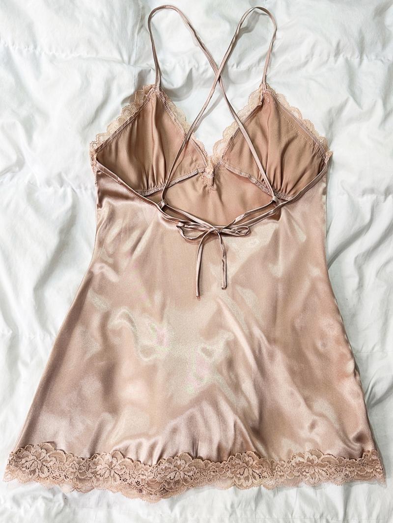 Women's Contrast Lace Split Thigh Satin Cami Nightdress, Bride's Nightgown, Elegant Criss Cross Backless Nightgown, Women's Summer Sleepwear, Summer Outfits 2024, National Day Offers