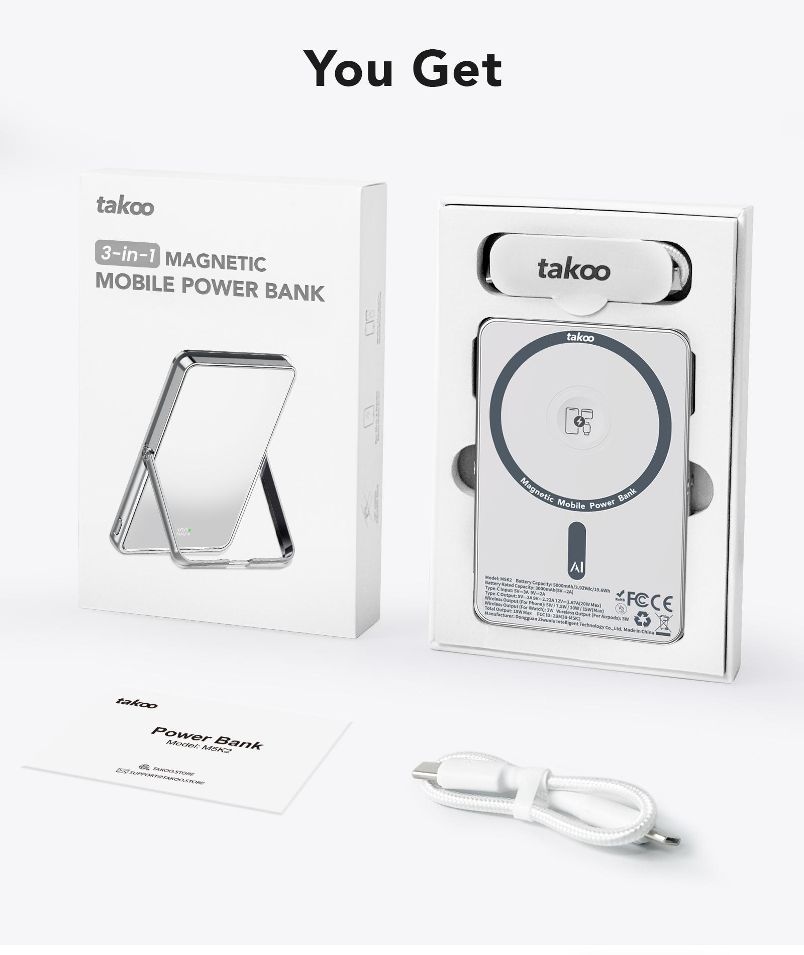 TAKOO 3-in-1 Magnetic Phone Vlog Selfie Mirror Monitor, Power Bank, Ultra-Slim, 7.9mm, 5000mAh,  Rear Mirror, 120° Stepless Stand, Wireless, Fast Charging for iPhone 16/15/14/13/12 Series, iWatch, AirPods, Samsung, Moto, Type-C, Smartphone,Travel Pack