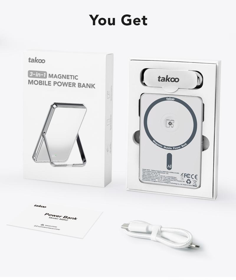 TAKOO 3-in-1 Magnetic Phone Vlog Selfie Mirror Monitor, Power Bank, Ultra-Slim, 7.9mm, 5000mAh,  Rear Mirror, 120° Stepless Stand, Wireless, Fast Charging for iPhone 16/15/14/13/12 Series, iWatch, AirPods, Samsung, Moto, Type-C, Smartphone,Travel Pack