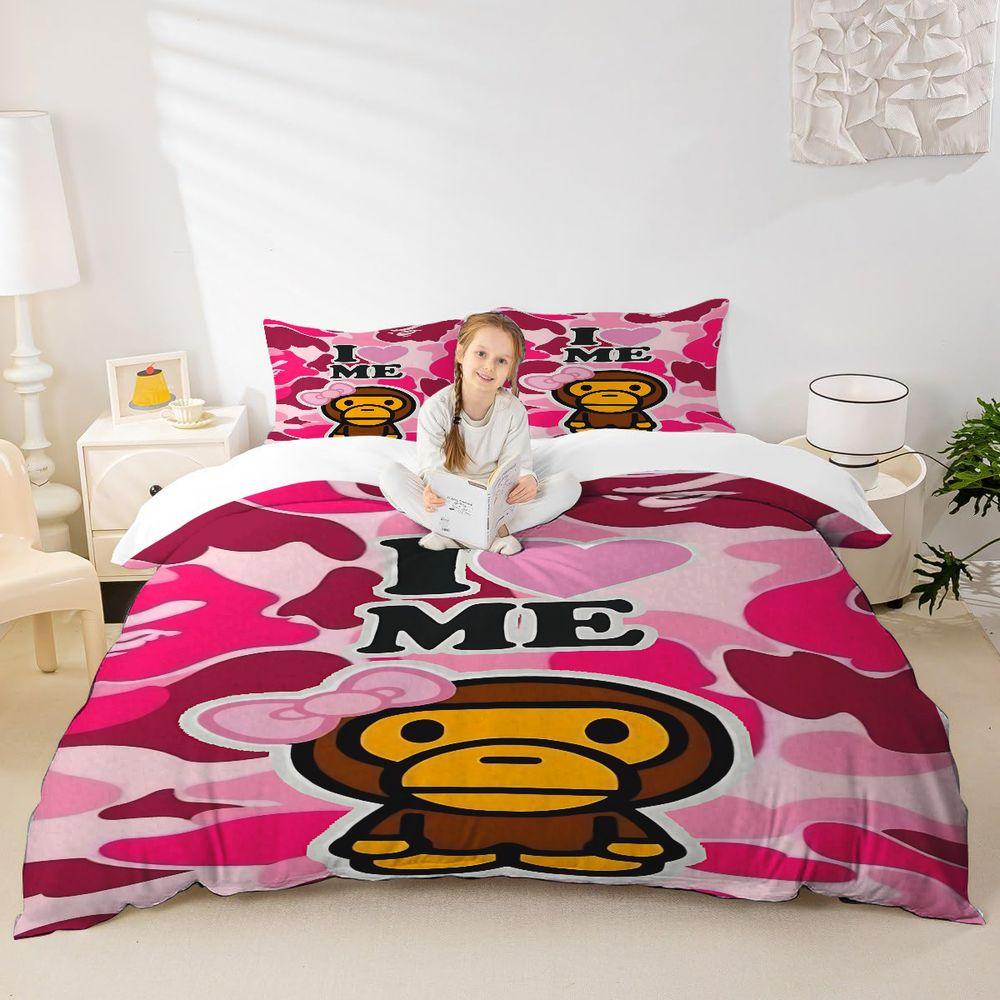 2/3Pcs Playful Pink Camouflage Duvet Cover Set, Decorative Duvet Cover, I Love ME Monkey Cartoon Bedding Set, Vibrant and Cozy Bedroom Decor, Perfect for Self-Love Vibe in Every Girl's Room!Includes 1 or 2 Pillowcase - No filling/Zipper Closure