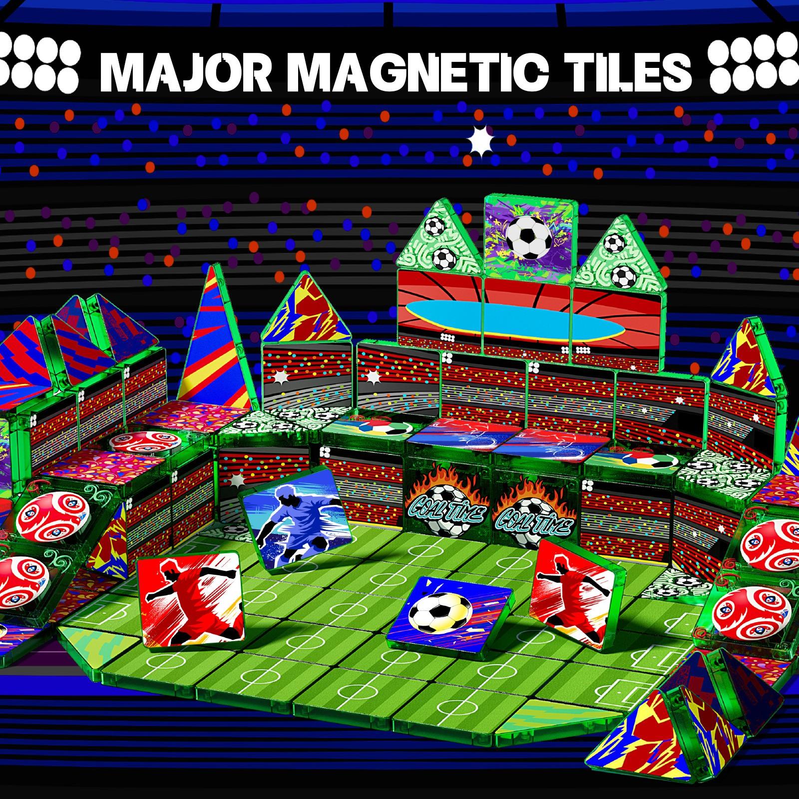 Magnetic Tiles Set 52/60 Mini Pcs | Soccer Theme, Strong Grip, Impact/Crack Resistant, Light-Through | Field: Logic, Spatial, Hand-Eye, Teamwork | Eco ABS Rounded, Choking-Safe | Birthday Gift Ages 3-6 Boys Girls