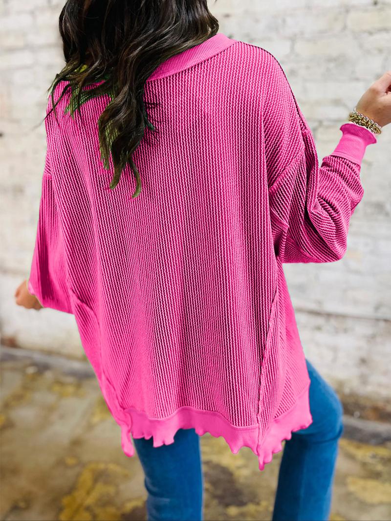 Spring & Fall Casual Women's Solid Color Twisted Ribbed Asymmetrical Hem Loose Drop Shoulder Long Sleeve Knit Top