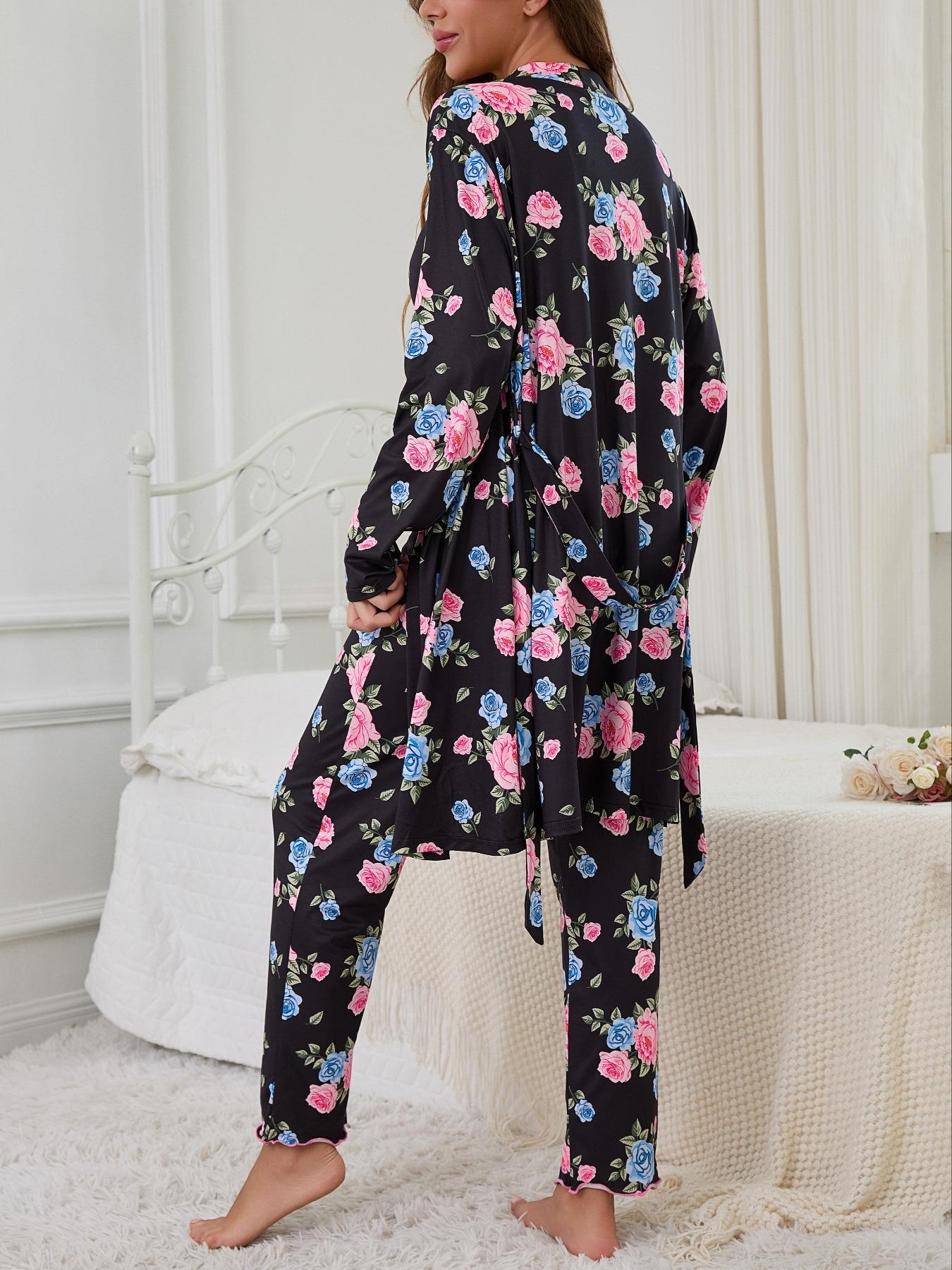 Floral Print Women's Robe Set + Strap Pants Three-Piece Comfortable Pajama Sleepwear Suit, Casual Home Wear for All Seasons