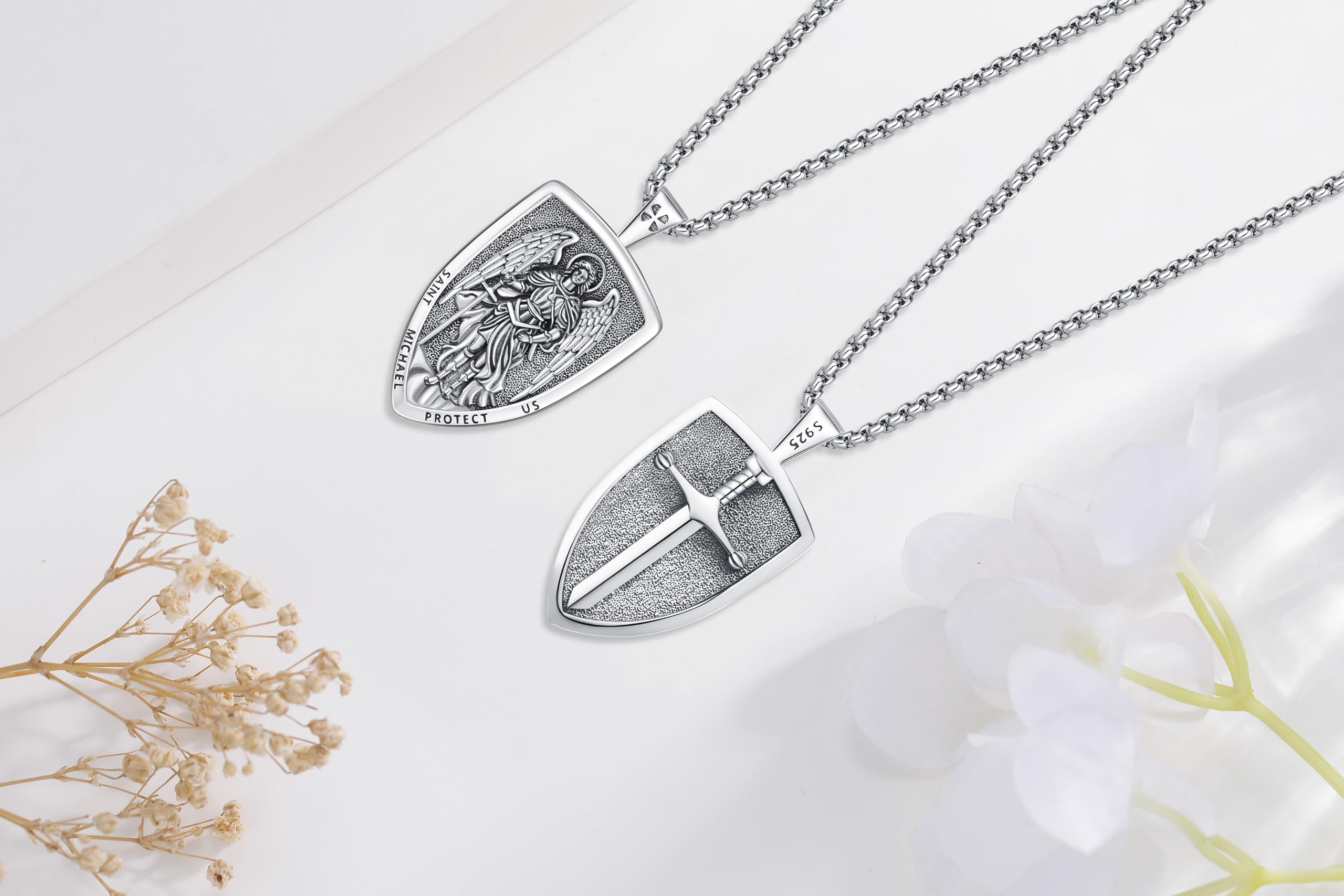 DRINSPER Saint Michael Necklace 925 Sterling Silver Pendant Archangel Jewelry for Men