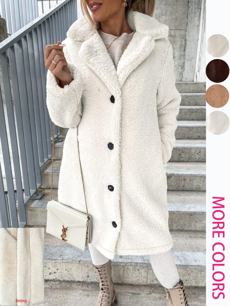 Women's Faux Fur Long Sleeve Lapel Coat, Plush Lined Overcoat, Casual Fashion Outerwear for Fall & Winter, Ladies' Warm Jacket