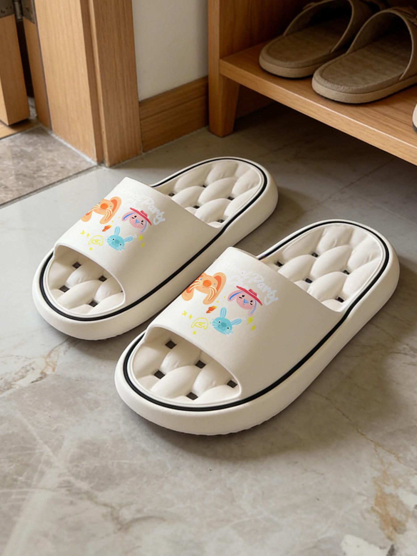 1 Pair Cartoon Animal Letter Printed Hollow Massage Thick Sole Slippers, Cute Healing Style, Non-slip Soft Sole, Quick-dry for Bathroom, Indoor & Outdoor Dual-use, Open Toe Slides, Bathroom Casual Slippers