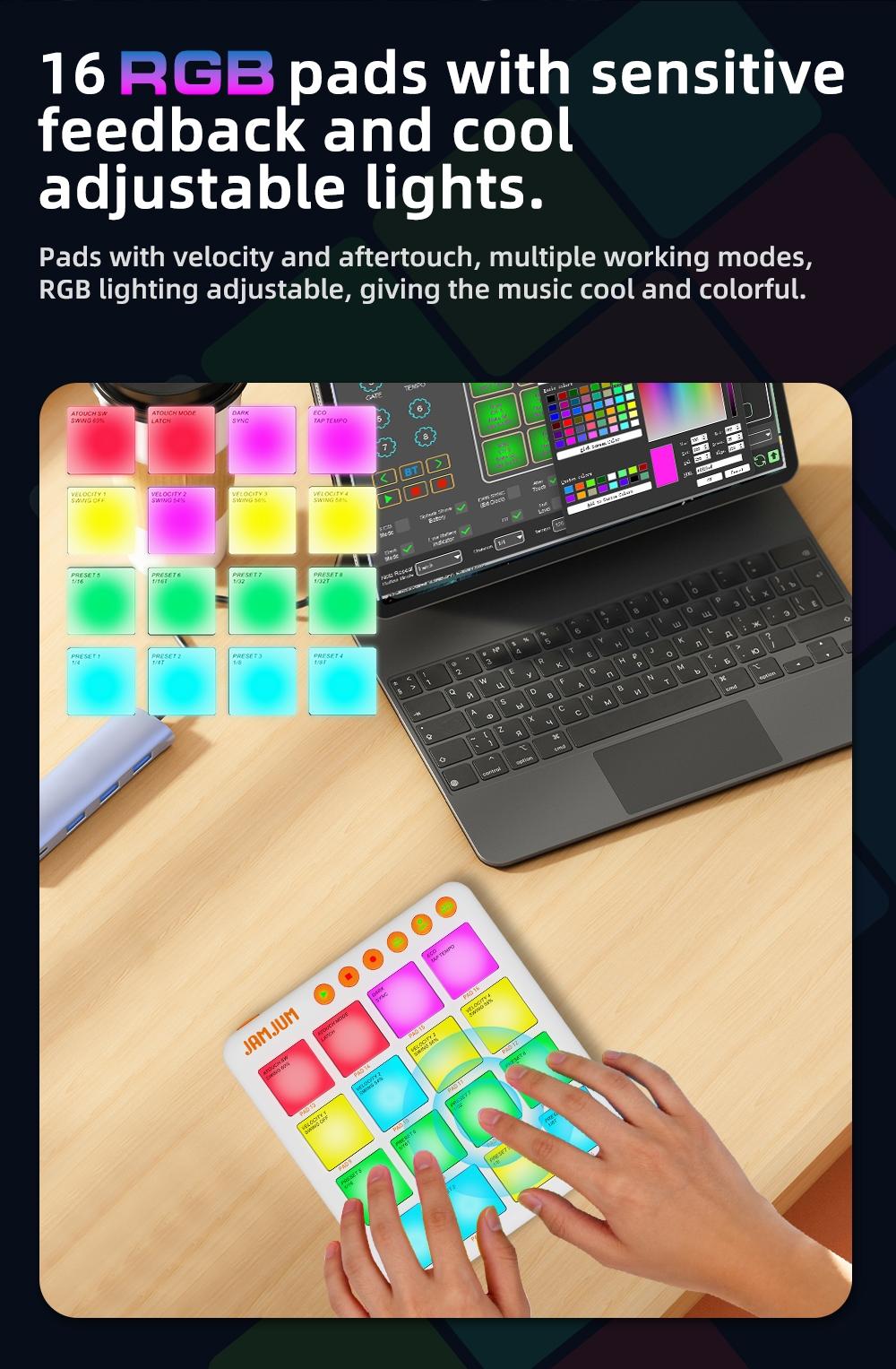 JAMJUM JP-Mini Midi Drum Pad with RGB Backlight, Pocket Size Rechargeable Controller Pad, Percussion Instrument, Drum Practice Pad, APP Compatible, Ideal for Beginners