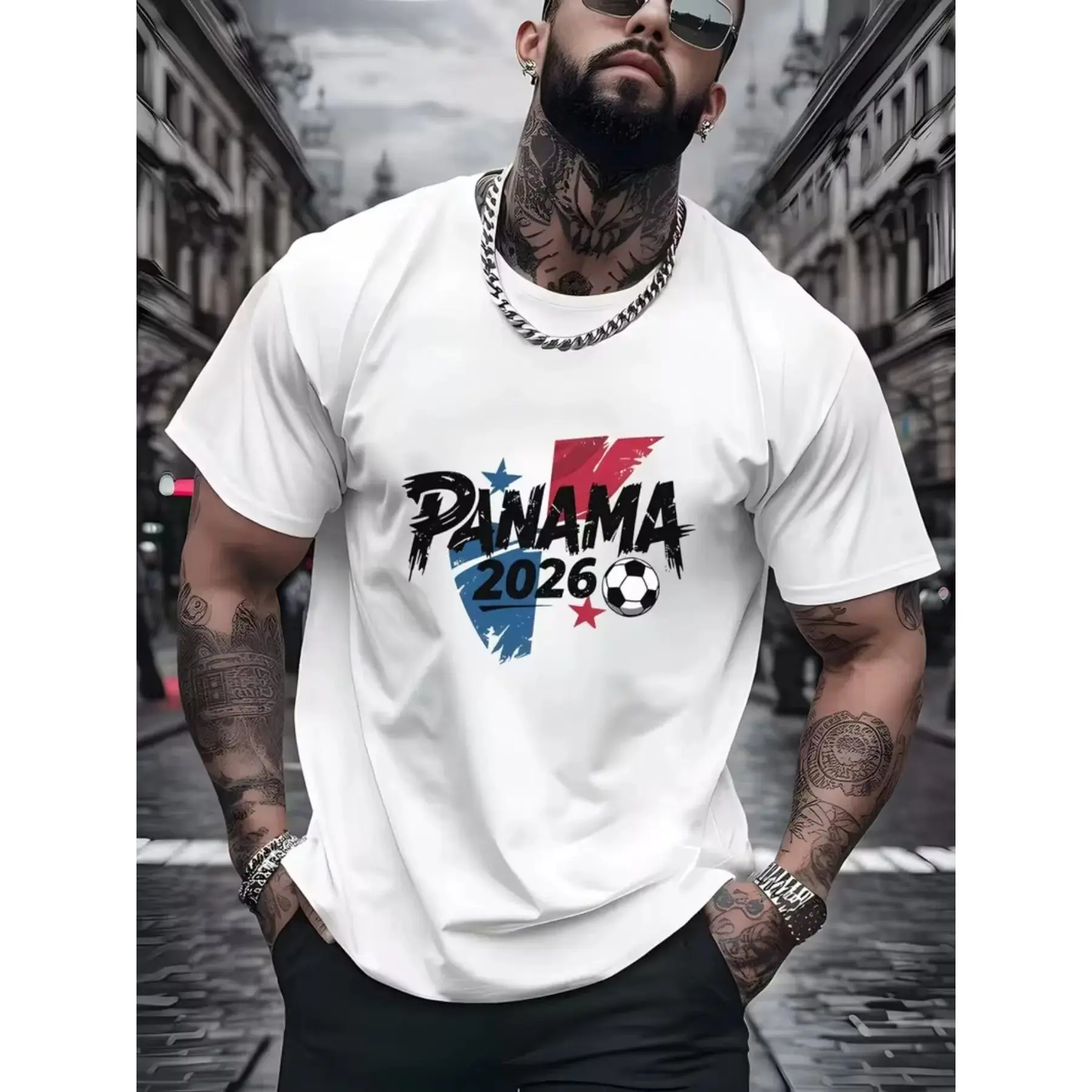 2026 Panama Football Fan Short Sleeve T-Shirt for Men - Asymmetrical Print, Comfortable Casual Wear, Machine Washable, All-Season Sports Streetwear, Ideal Gift, Machine Wash