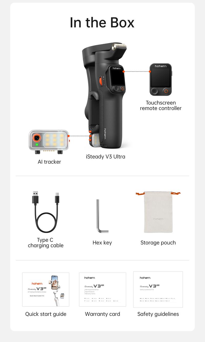 hohem iSteady V3 Ultra NEW Gimbal,Detachable Touchscreen Remote,Advanced AI Tracking with any App,360° Infinite Pan Tracking,Select People&Obeject on Touchscreen to Track,3-Color Fill Light,3-Axis Stabilization