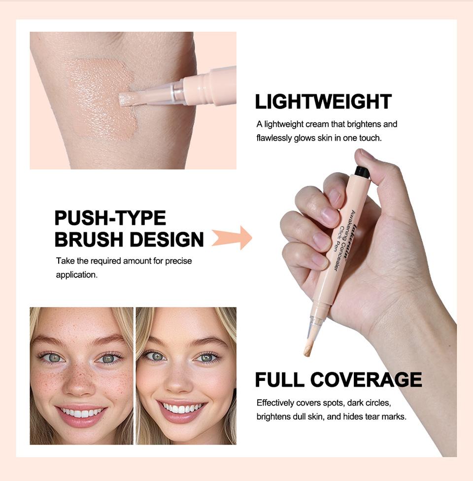 3-colour concealer pen, liquid concealer pen, dark circle concealer pen, tear trough concealer pen, highlighting concealer pen, acne scar concealer pen, blemish concealer pen, precision concealer pen, easy-to-use concealer pen