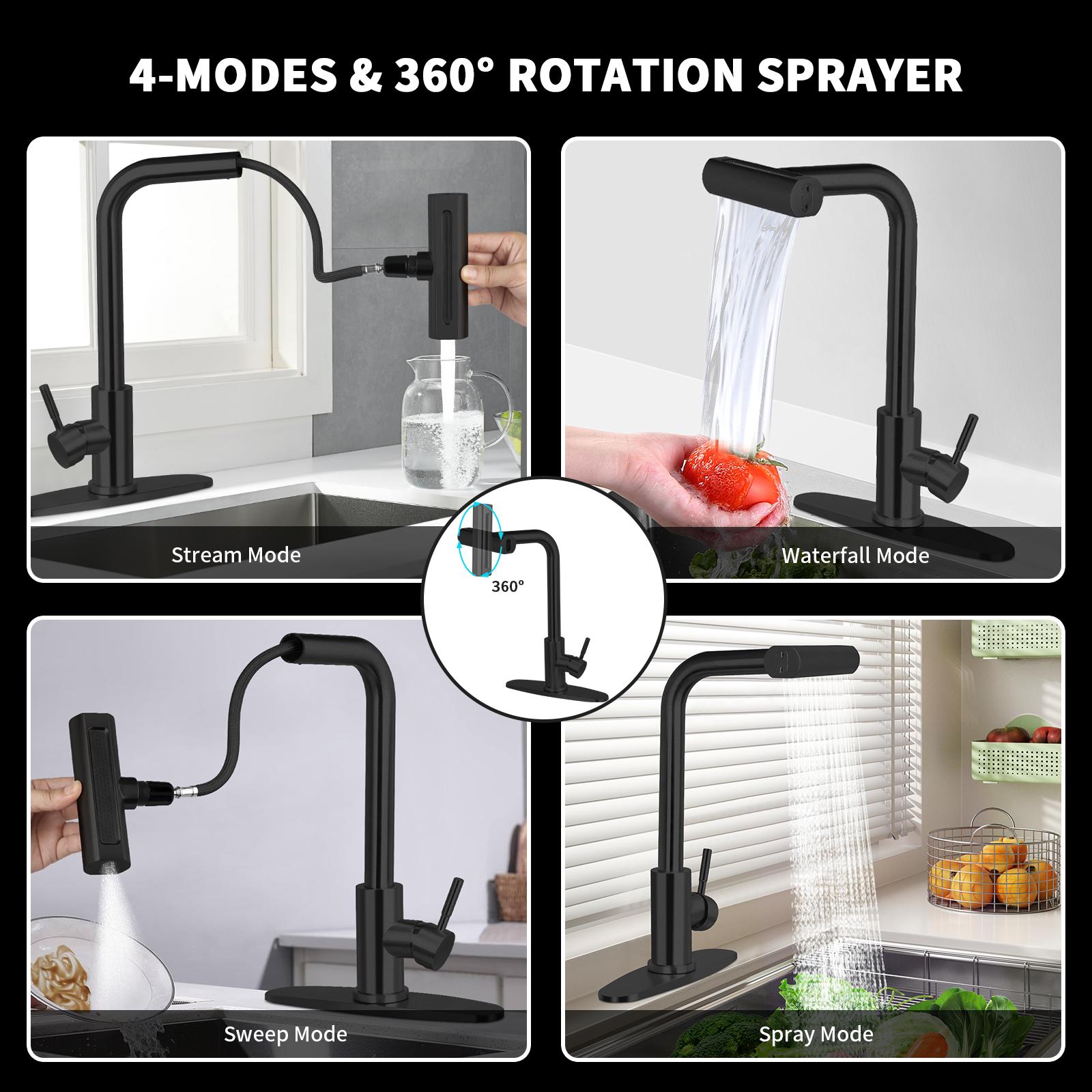 PHANCIR Kitchen Faucet with 4 Modes 15.7" Pull Down Sprayer, 360° Swivel Stainless Steel Kitchen Sink Faucet with No-Leak Ceramic Valve, Easy Install for Farmhouse Camper Laundry RV Bar
