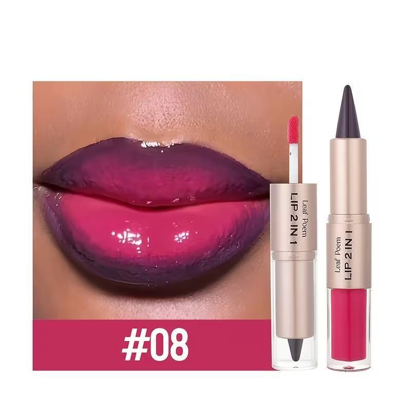 2-in-1 Dual-Ended Lip Gloss & Lipstick - Matte lip liner to outline lips, mirror-like glossy lip gloss, long-lasting color that doesn't smudge on cups, berry tones, anti-slip bullet design, 8 colors available, Cosmetic, Lip Product