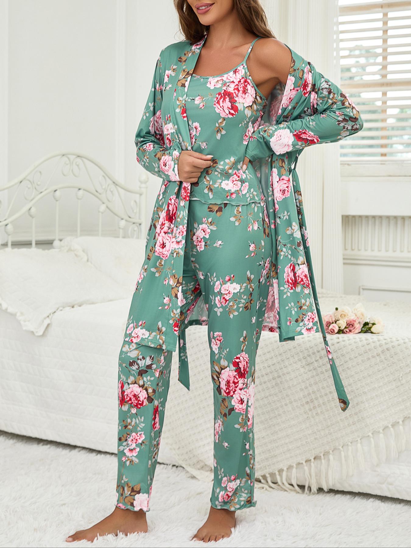 Women's All Over Floral Print Pajama Set, Long Sleeve Open Front Outwear & Pants & Cami Top, Casual Comfy Fitted Sleepwear Set for Women, Loungewear, Knit, Camisole Women's All Over Floral Print Pajama Set, Long Sleeve Open Front Outwear & Pants & Cami Top, Casual Comfy Fitted Sleepwear Set for Women, Loungewear, Knit, Camisole