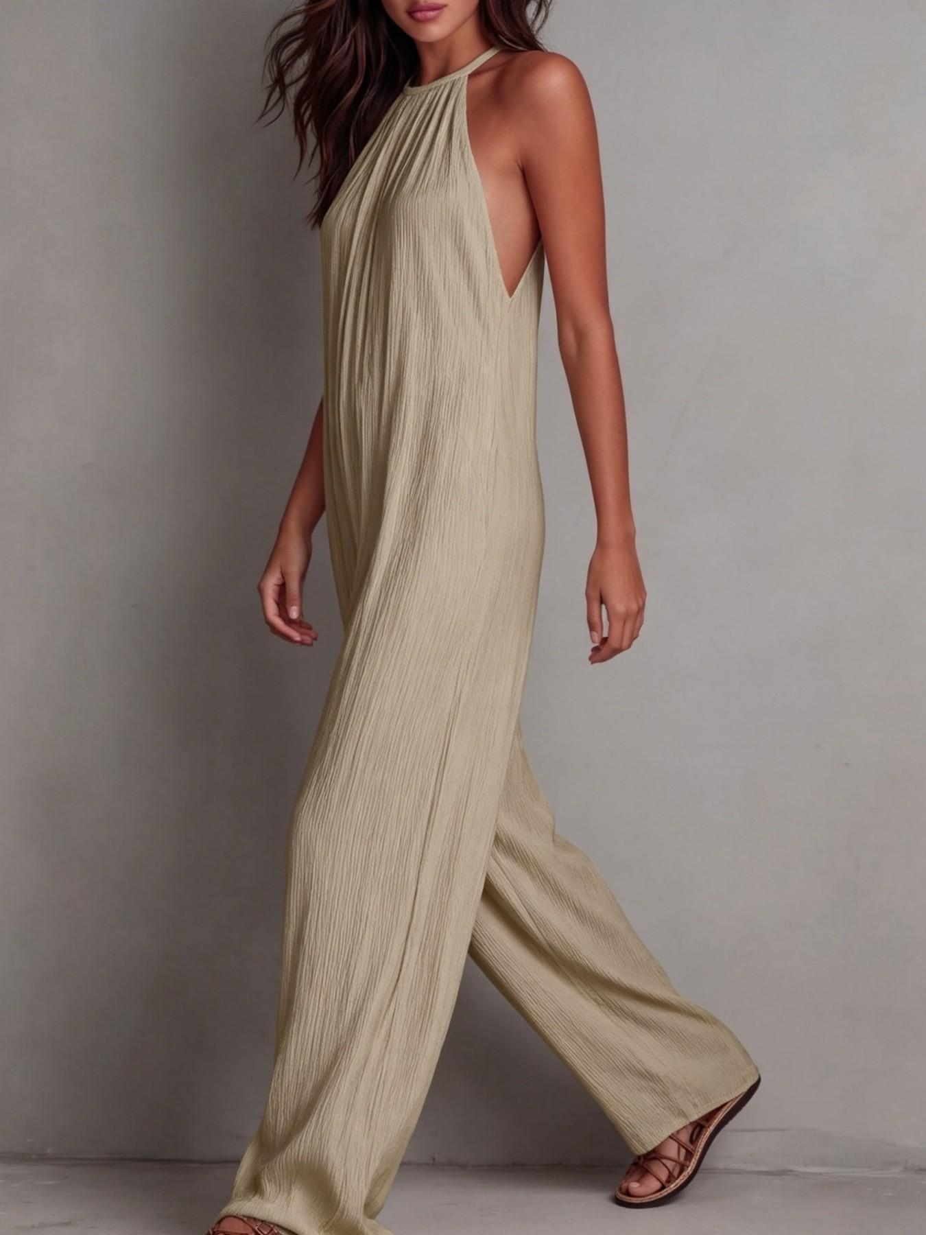 2026 New Fashion Halter Neck Sleeveless Solid Color Ruched Back Wide Leg Romper Jumpsuit, High-End Resort Style Casual Loose Fit Long Pants, Suitable for Work and Daily Outing