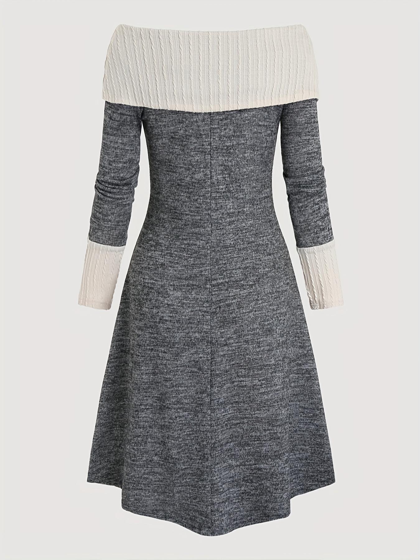 Women's Colorblock Lace Up Off Shoulder Dress, Casual Grommet Eyelet Long Sleeve A Line Dress for Fall & Winter, Women's Clothing for Daily Wear